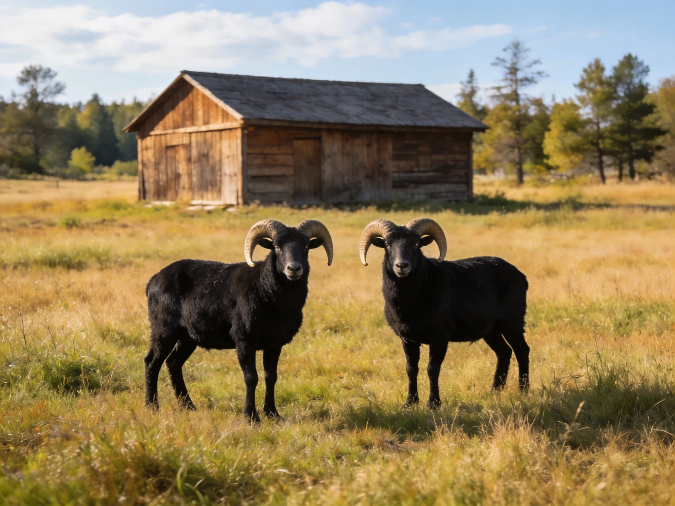 Two black horned rams stand near a weathered wooden barn in golden grass
