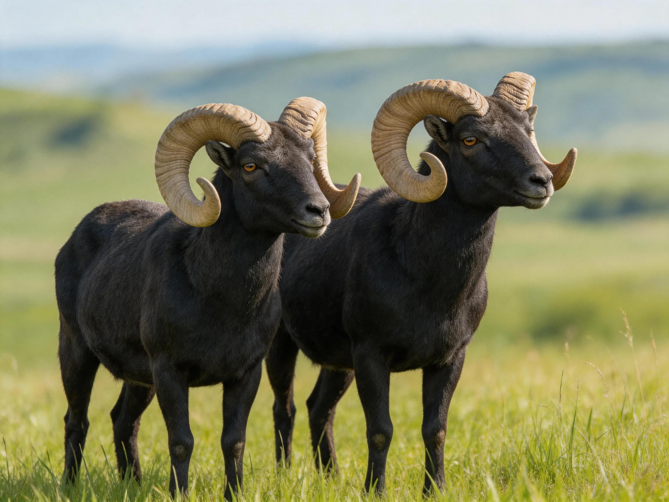 Two black horned rams stand side by side in a grassy landscape