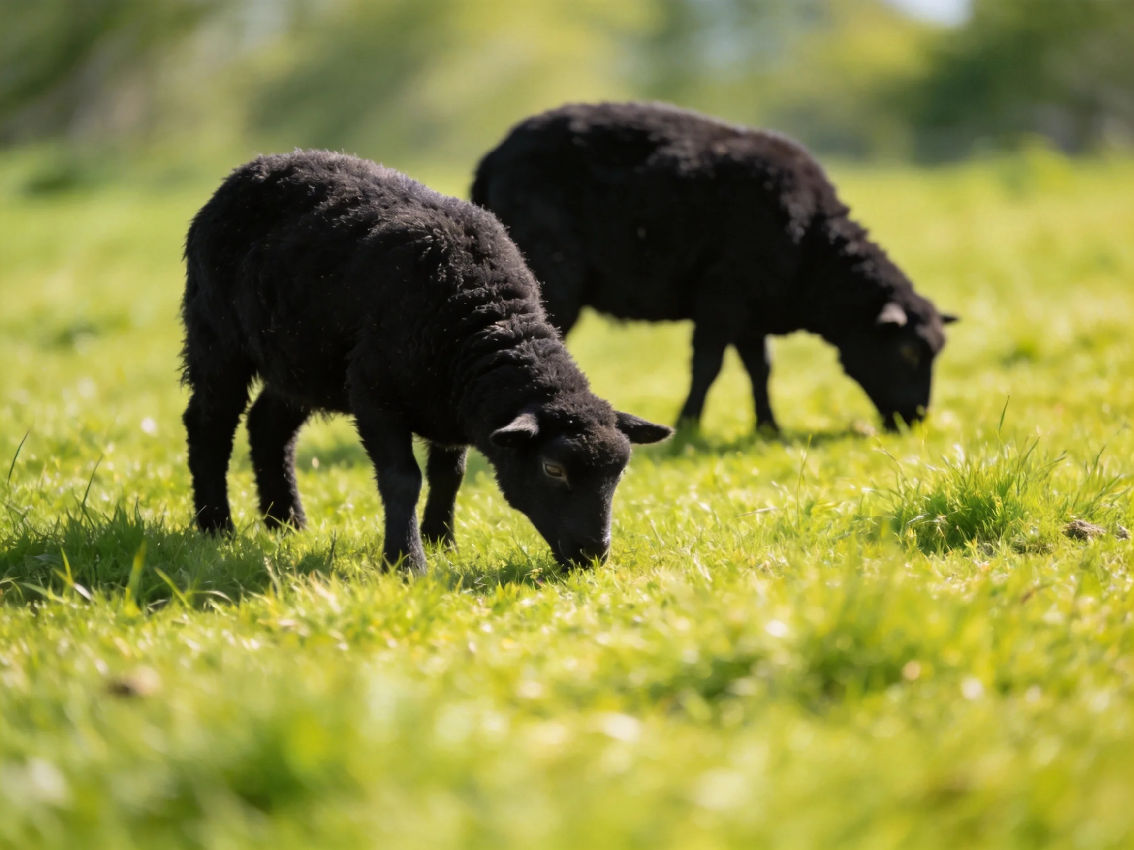 Two black lambs graze in a sunlit green pasture