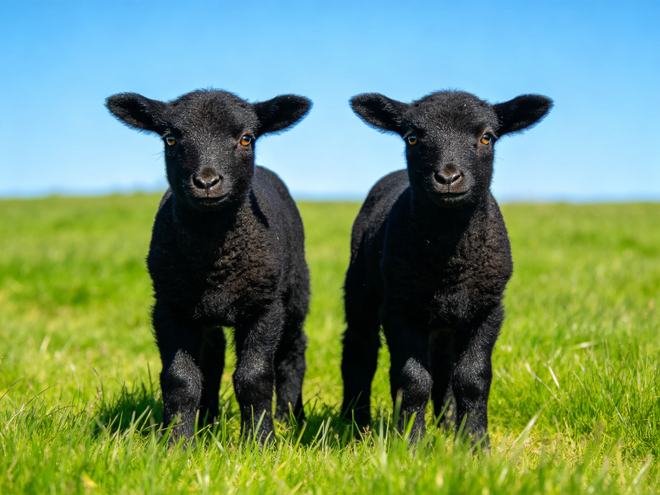 Two black lambs in a bright green meadow under clear blue sky
