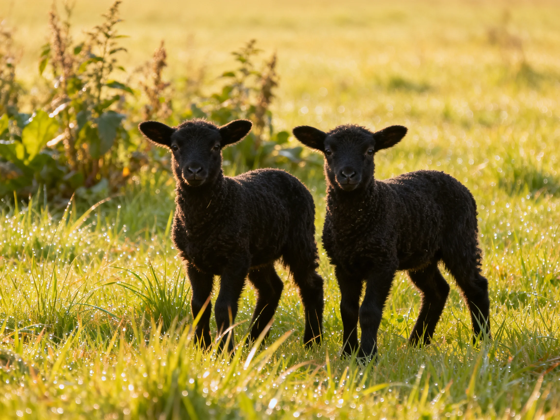 Two black lambs in a dewy green meadow