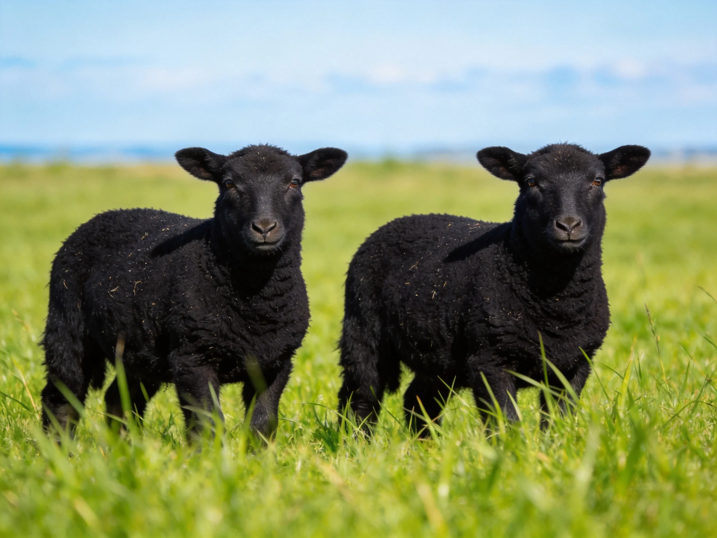 Two black lambs in a sun-drenched green pasture