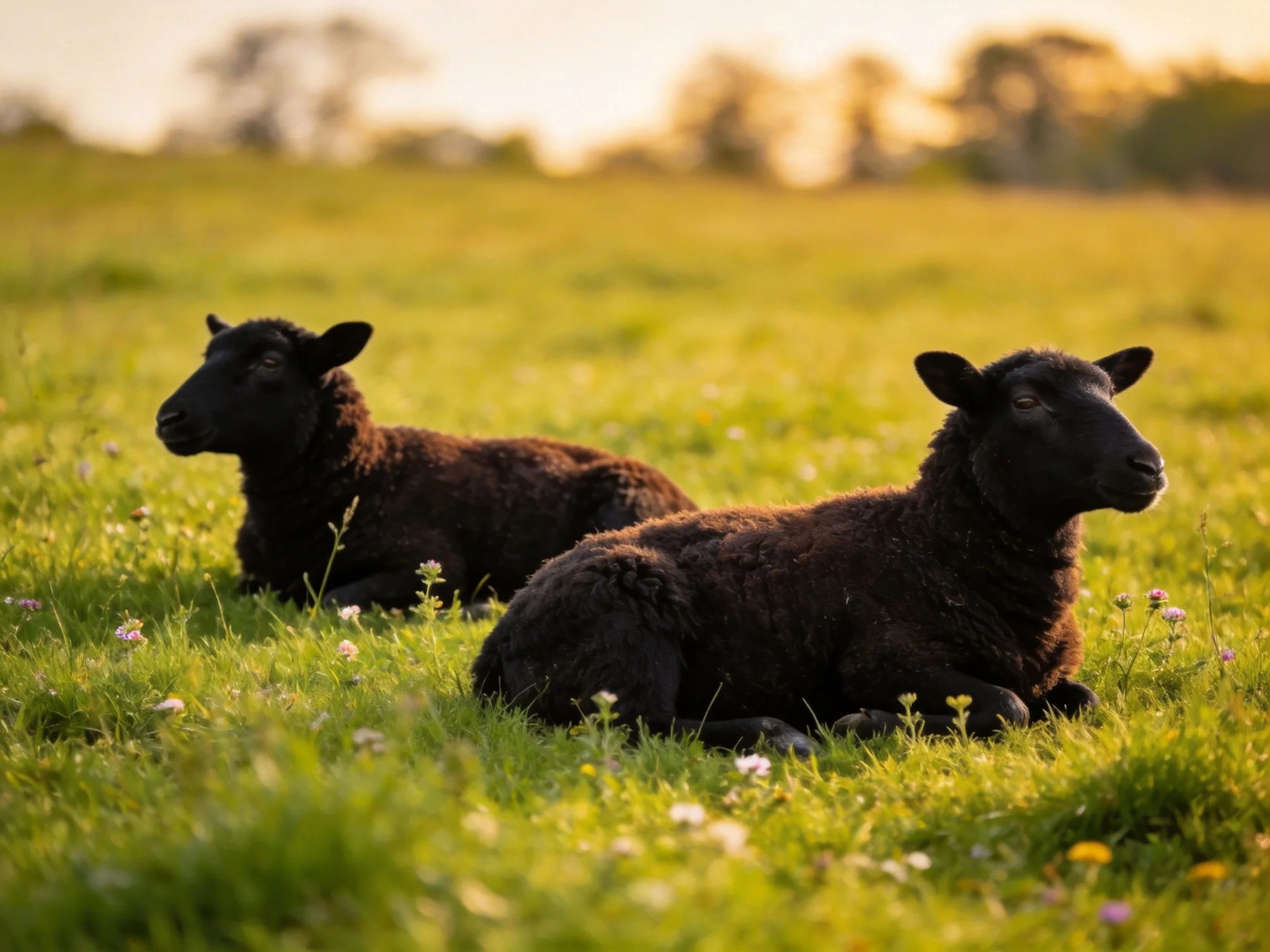 Two black lambs rest in a sunlit meadow