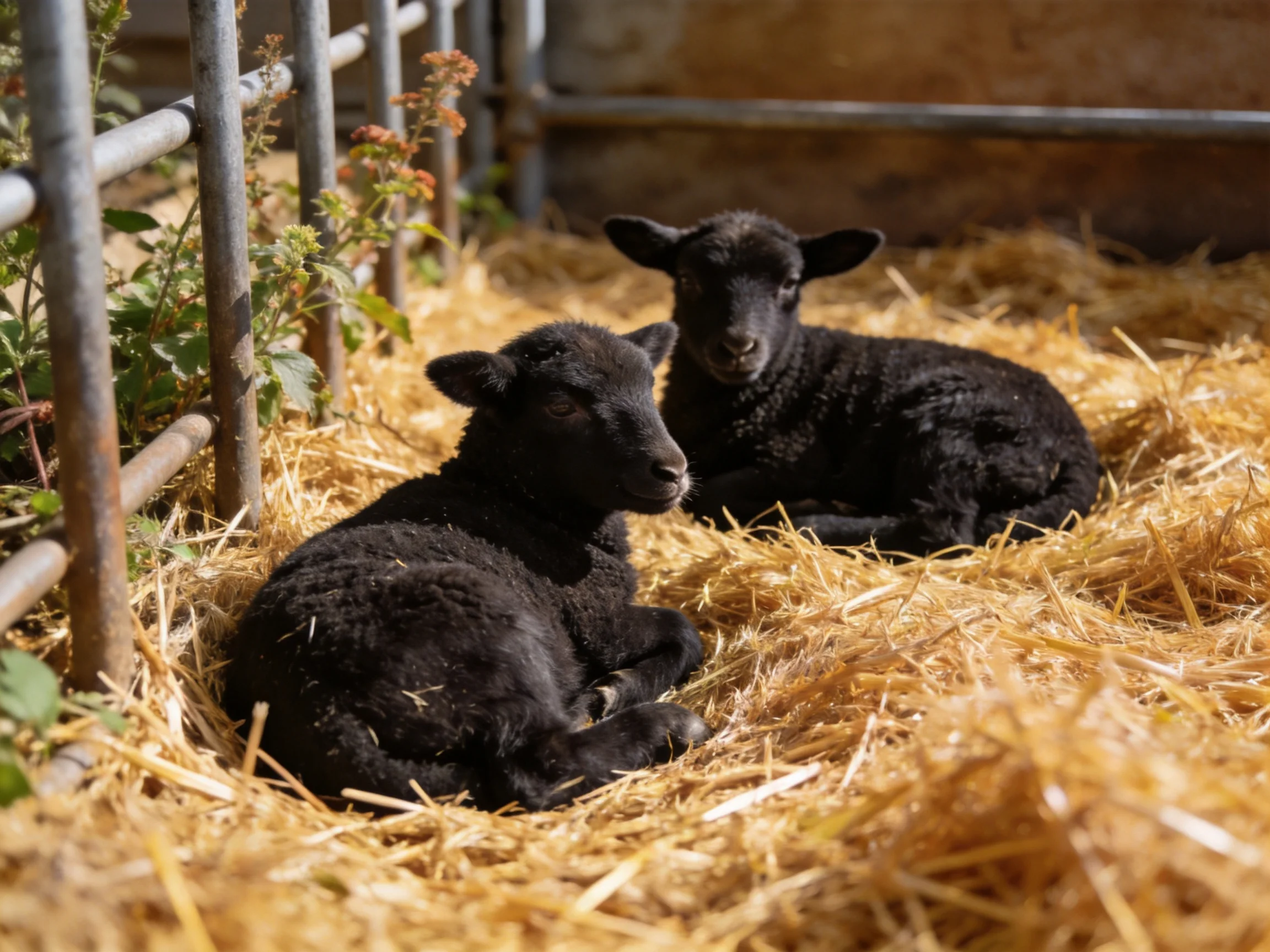 Two black lambs resting on golden straw near metal fencing