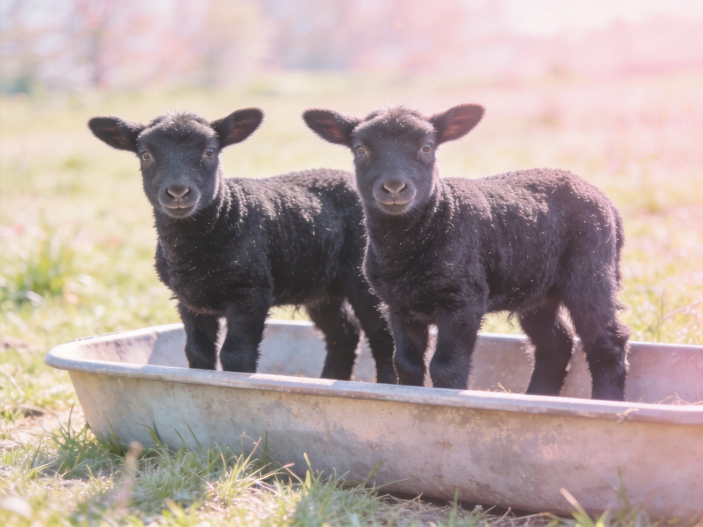 Two black lambs stand in an aged metal trough on grassy land