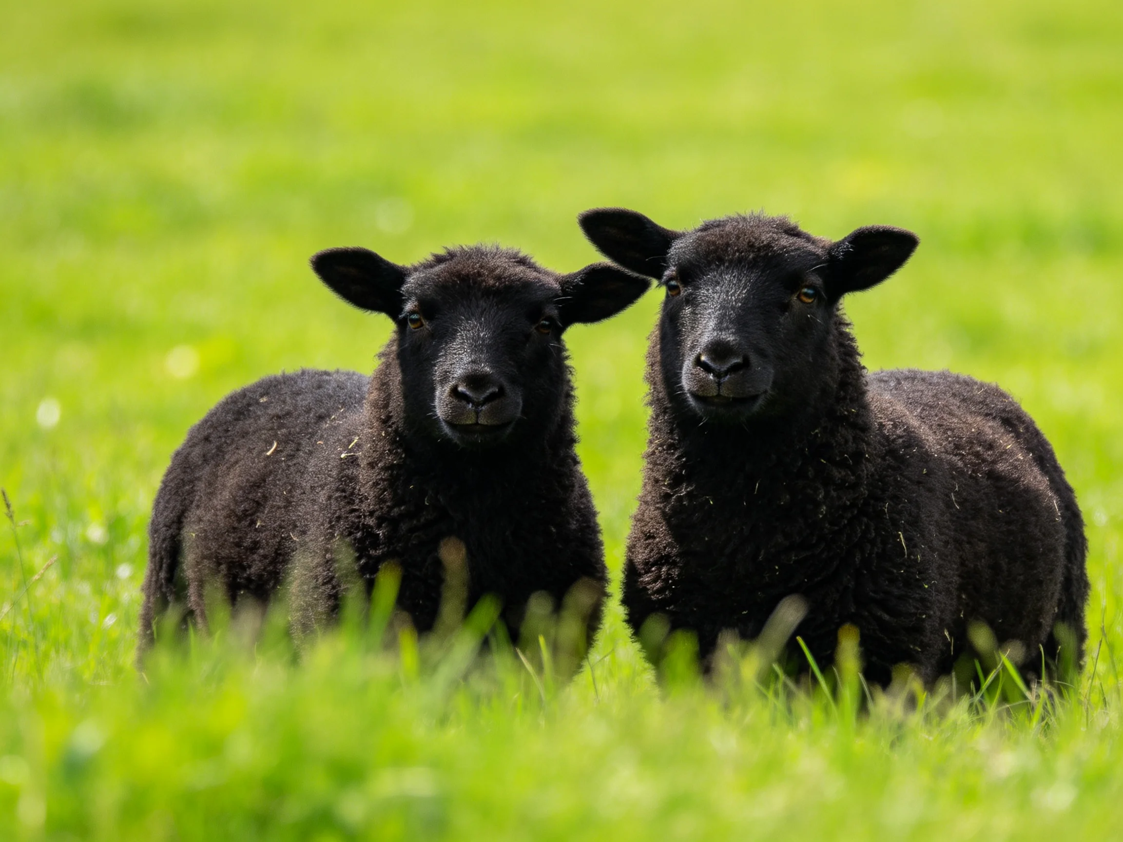 Two black lambs standing in lush green pasture