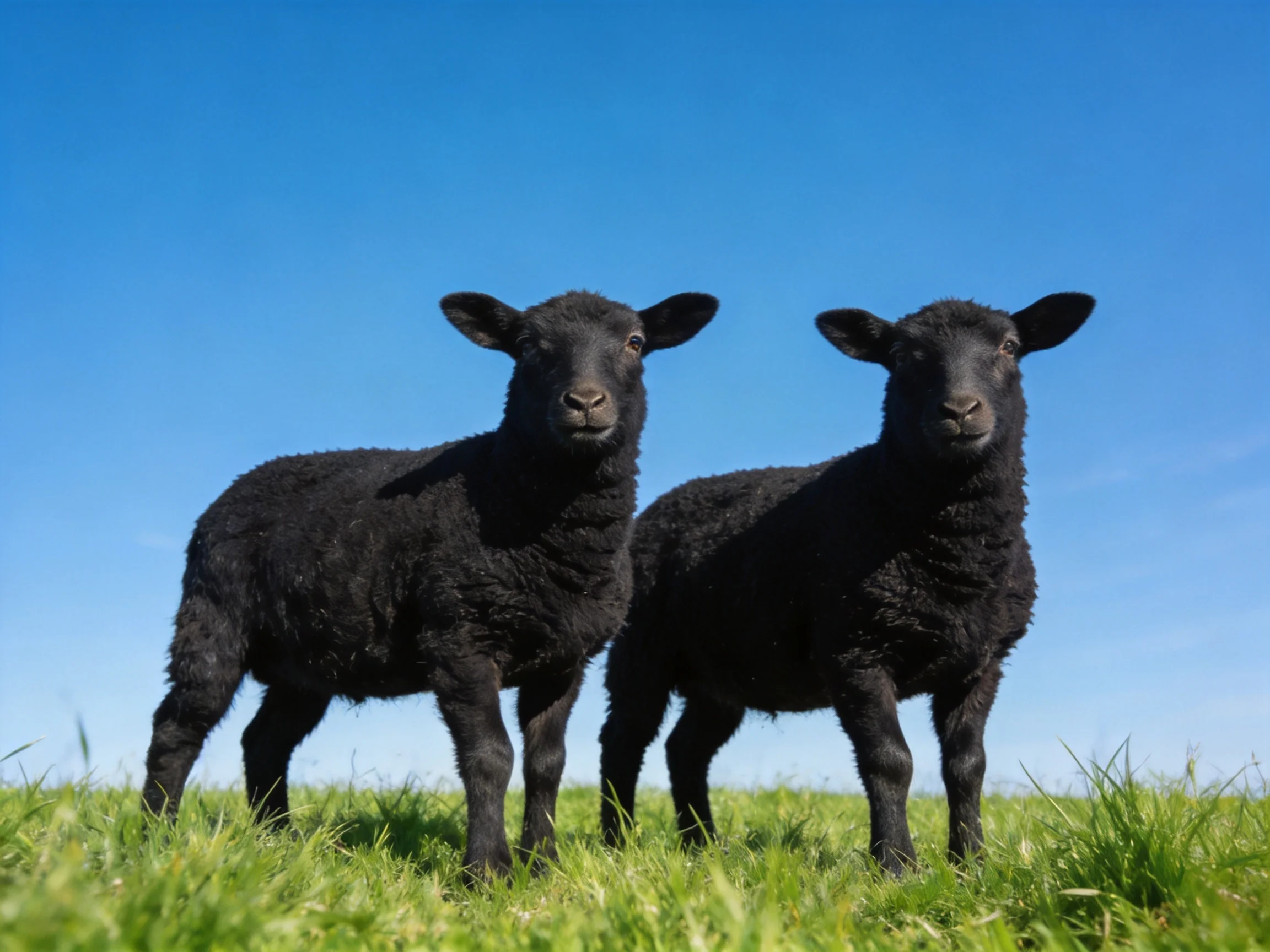 Two black lambs with thick coats stand on vibrant green grass beneath a cloudless blue sky