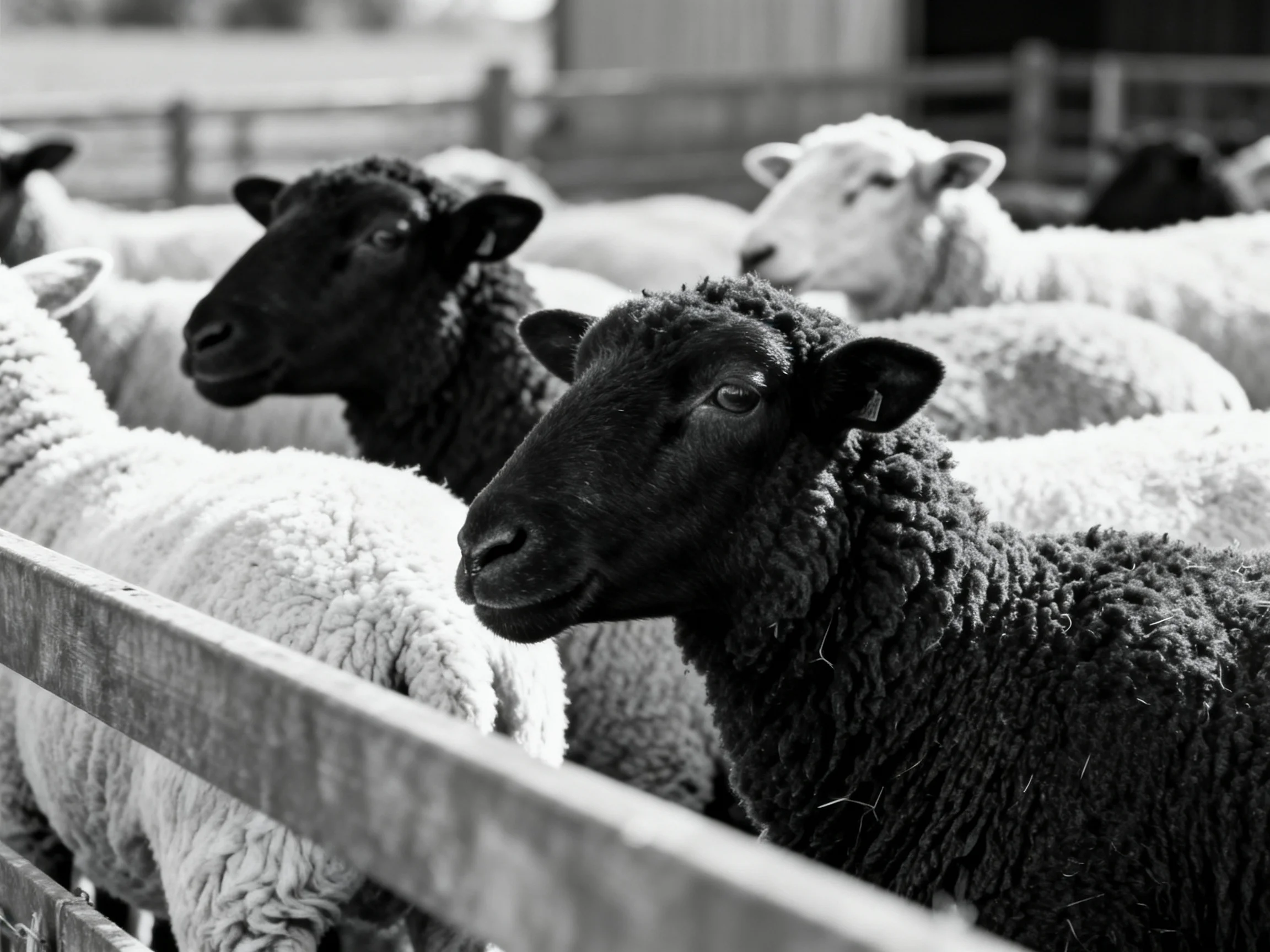Two black sheep among white sheep by wooden fence