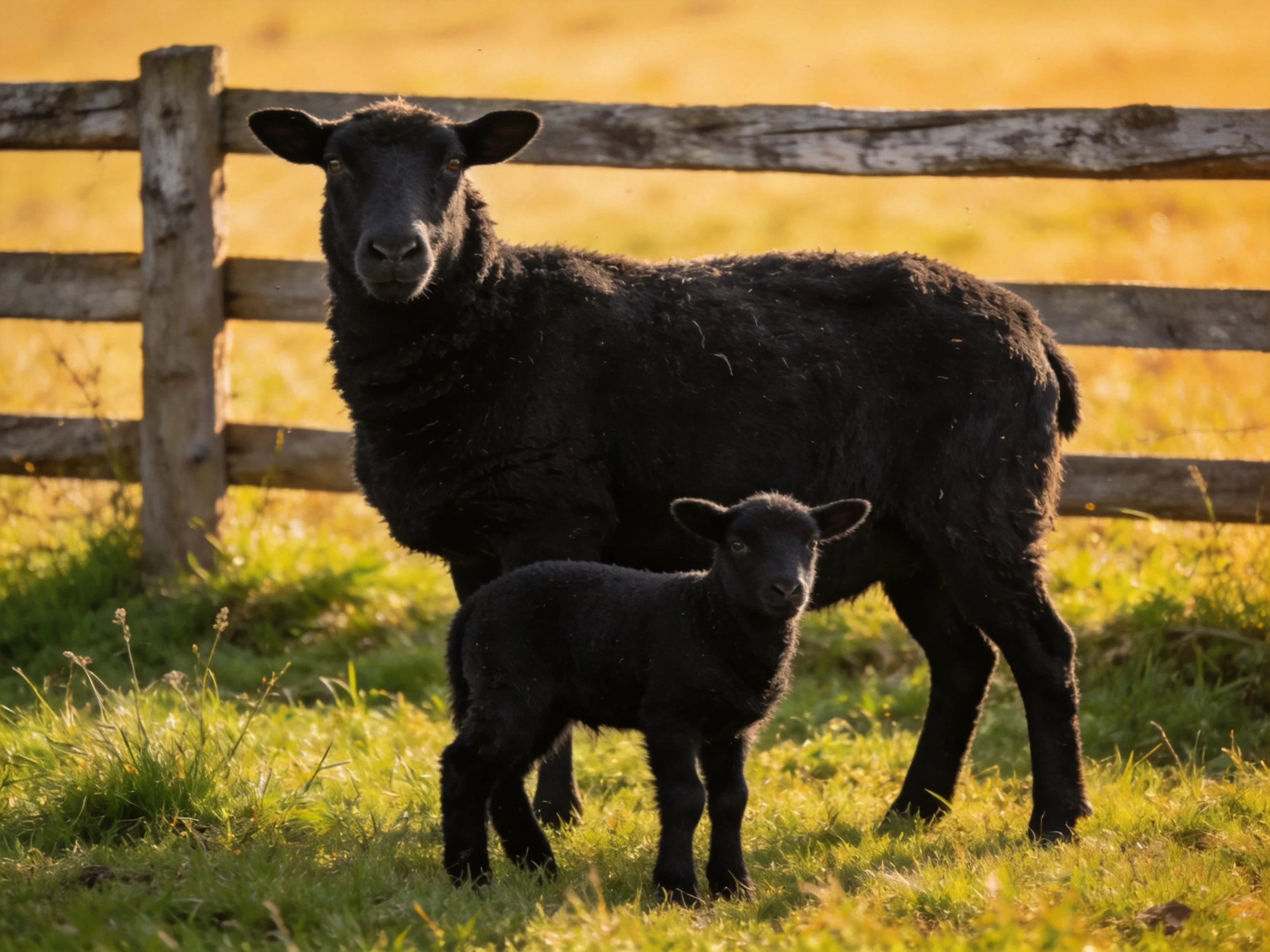 Two black sheep, an adult and lamb, near a weatheredwooden fence
