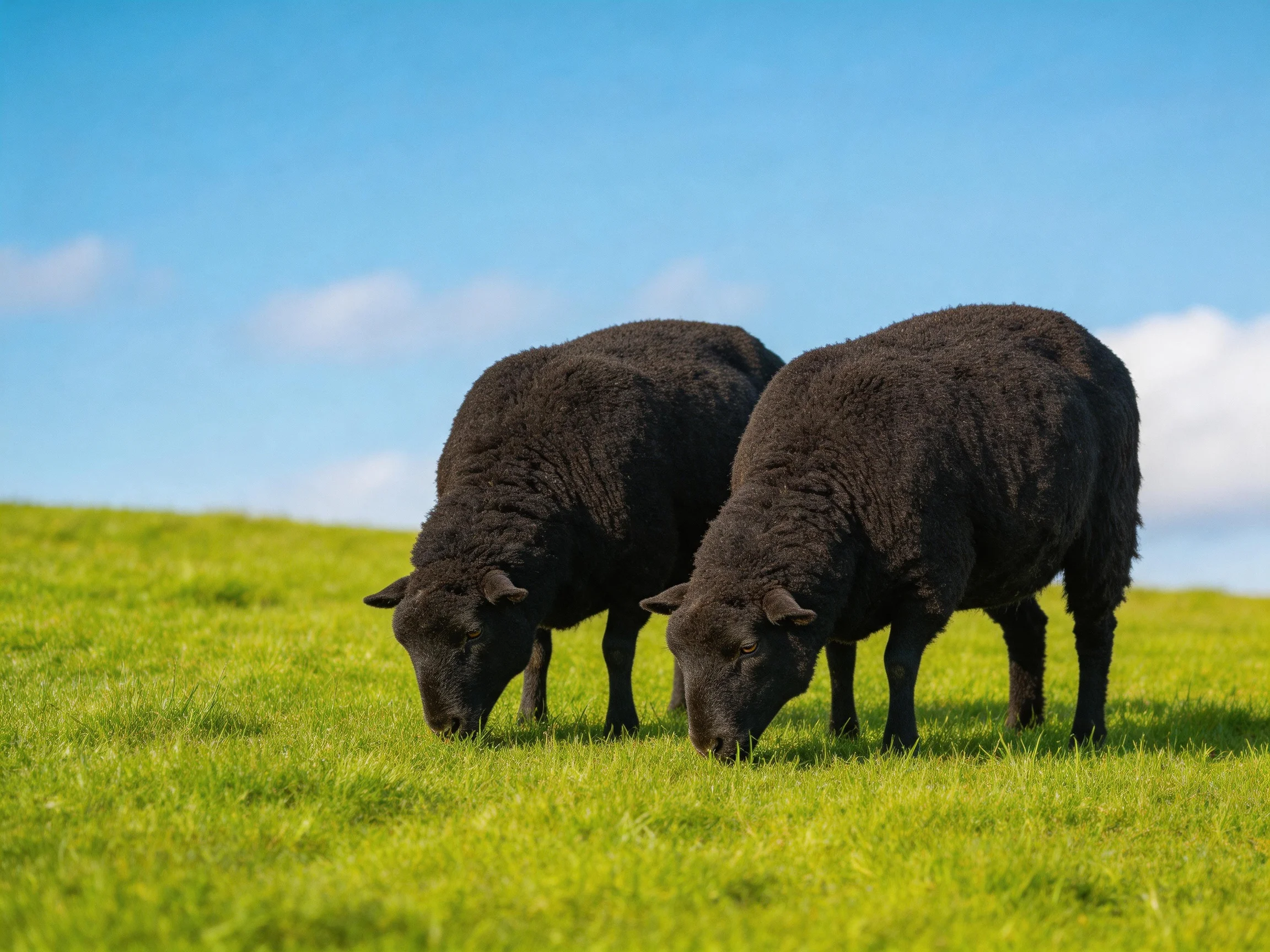 Two black sheep graze on a vibrant green hillside under a clear blue sky.