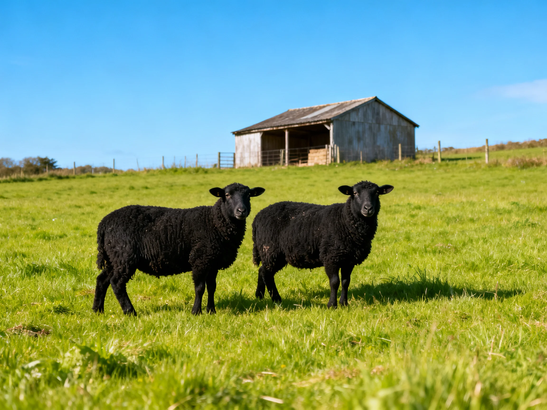 Two black sheep in a lush green pasture near an aged wooden barn