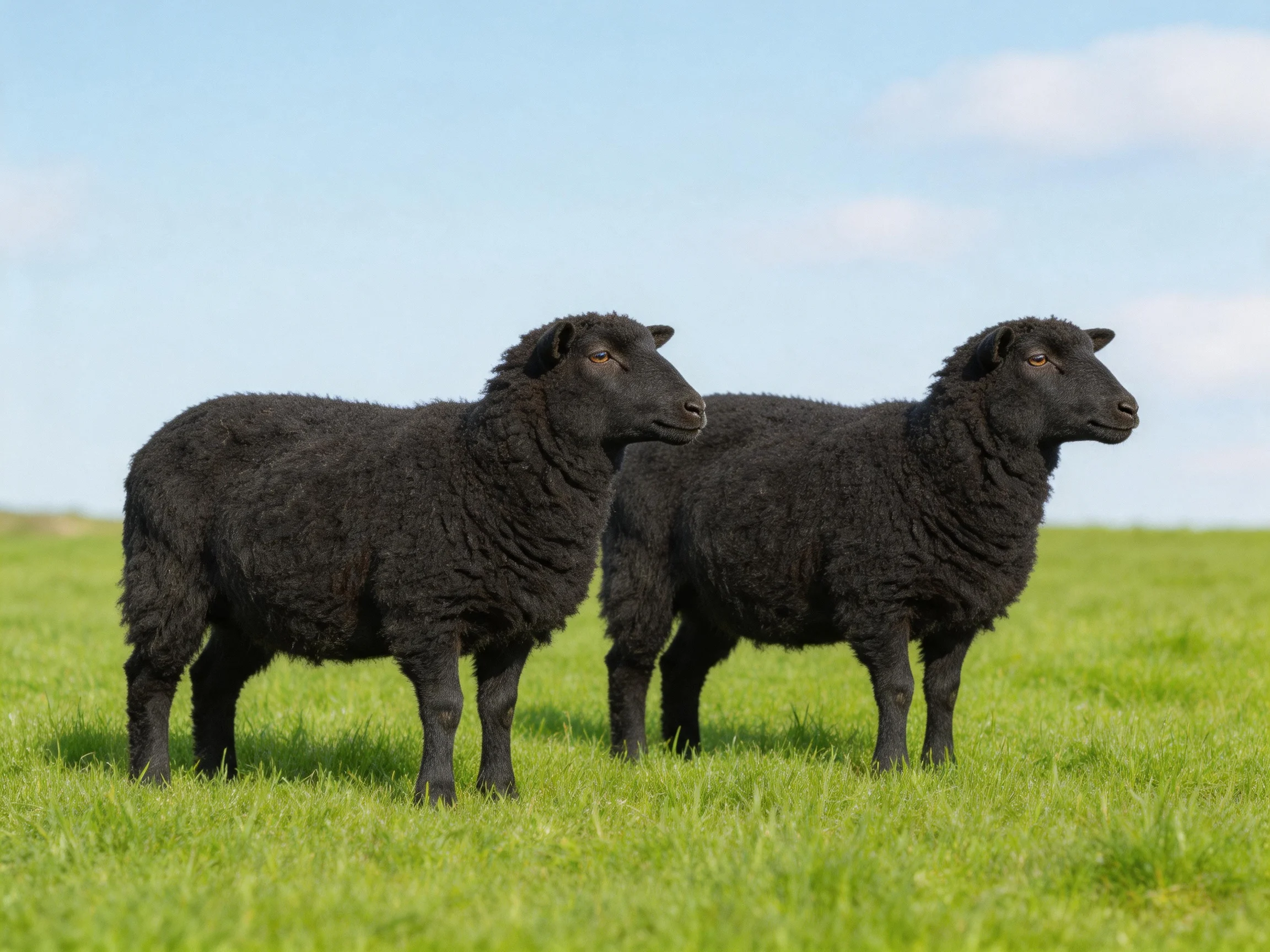Two black sheep in a verdant pasture under a clear blue sky