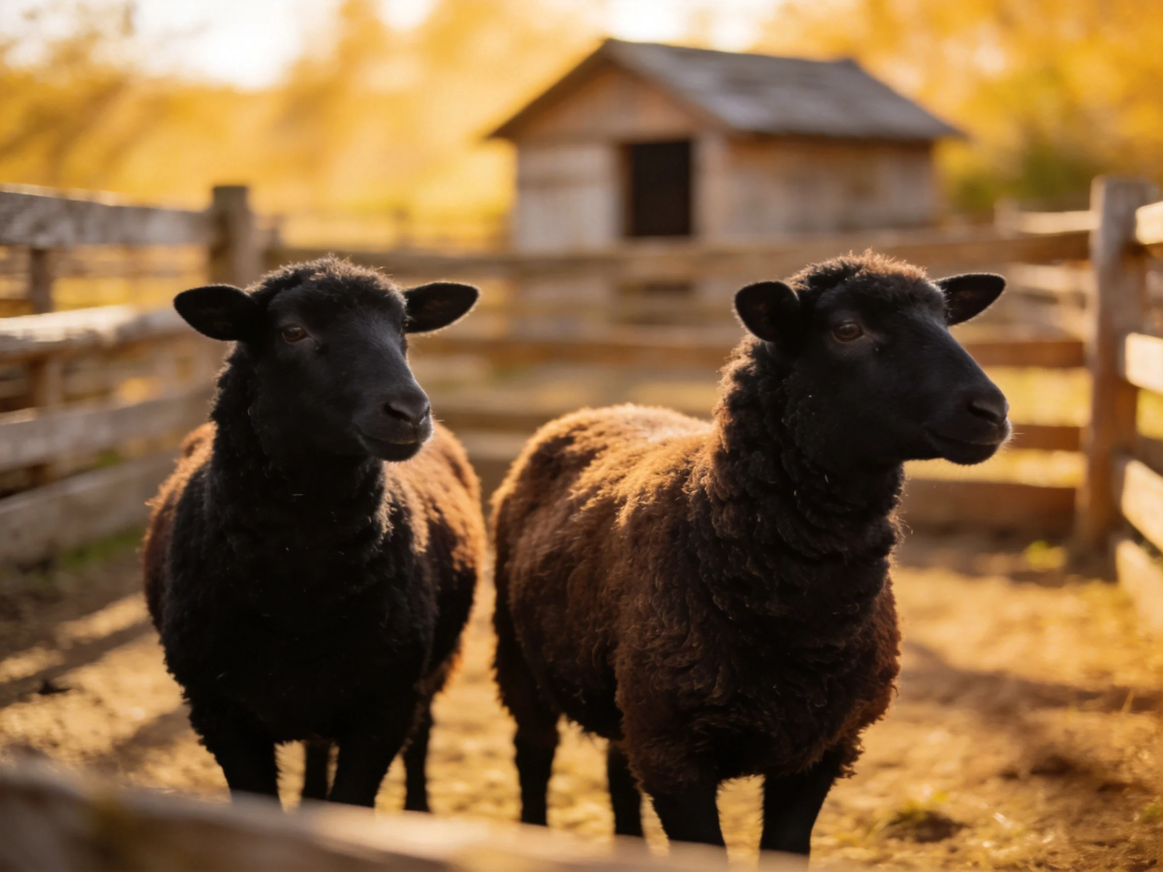 Two black sheep stand in a fenced farm enclosure with an old barn behind them.