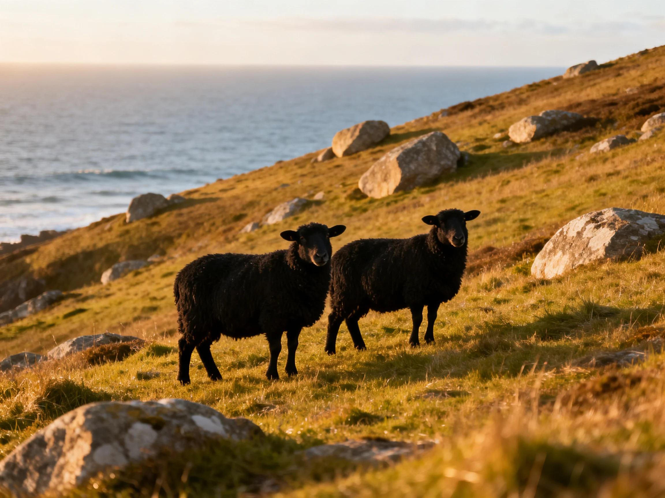 Two black sheep on a rocky coastal hillside near the ocean