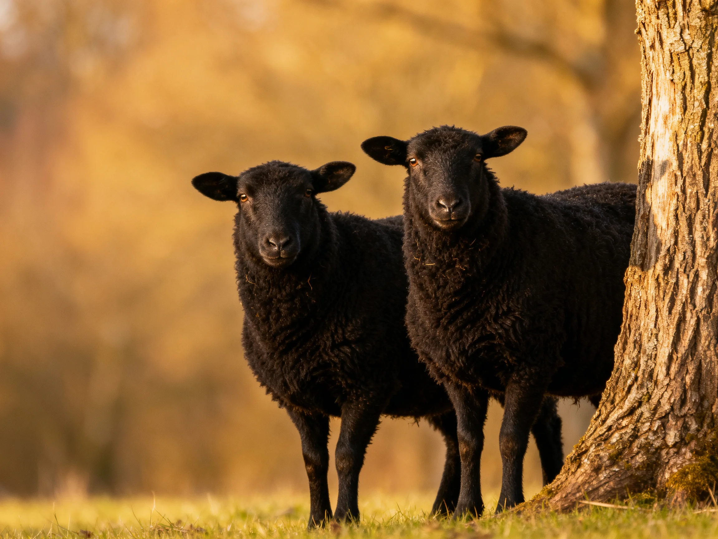 Two black sheep stand beside a large tree in a golden field