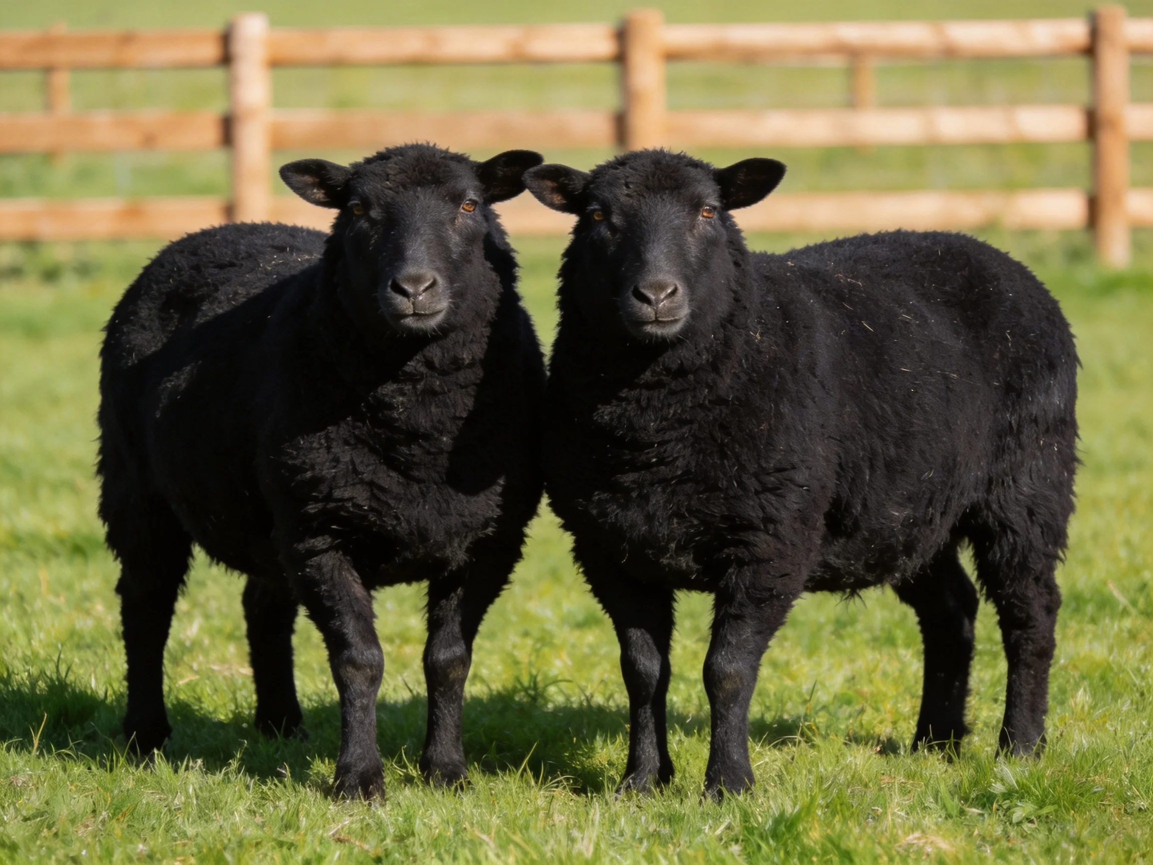 Two black sheep stand side by side in a grassy field with a wooden fence.