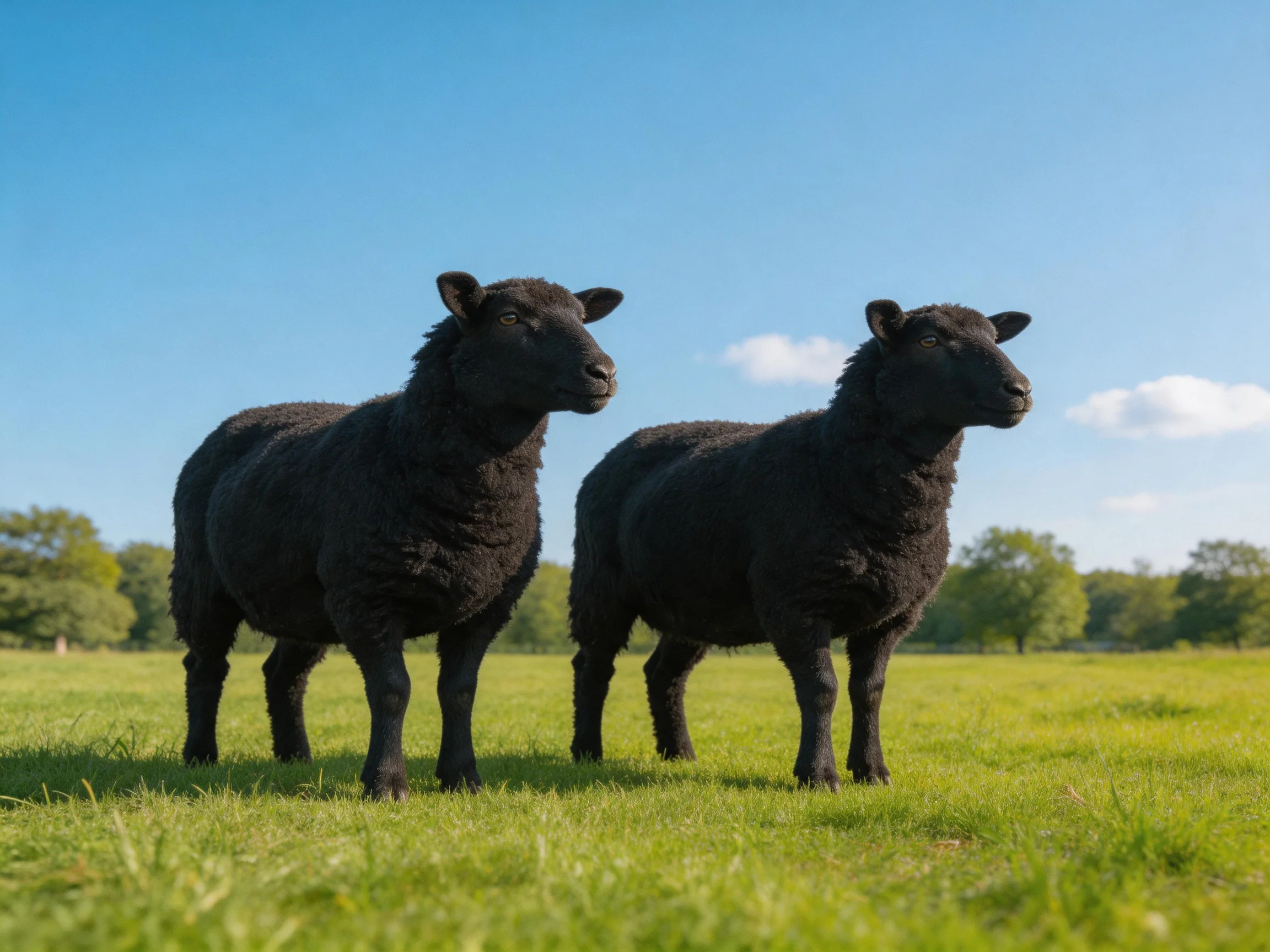 Two black sheep standing in a lush green meadow under clear blue sky