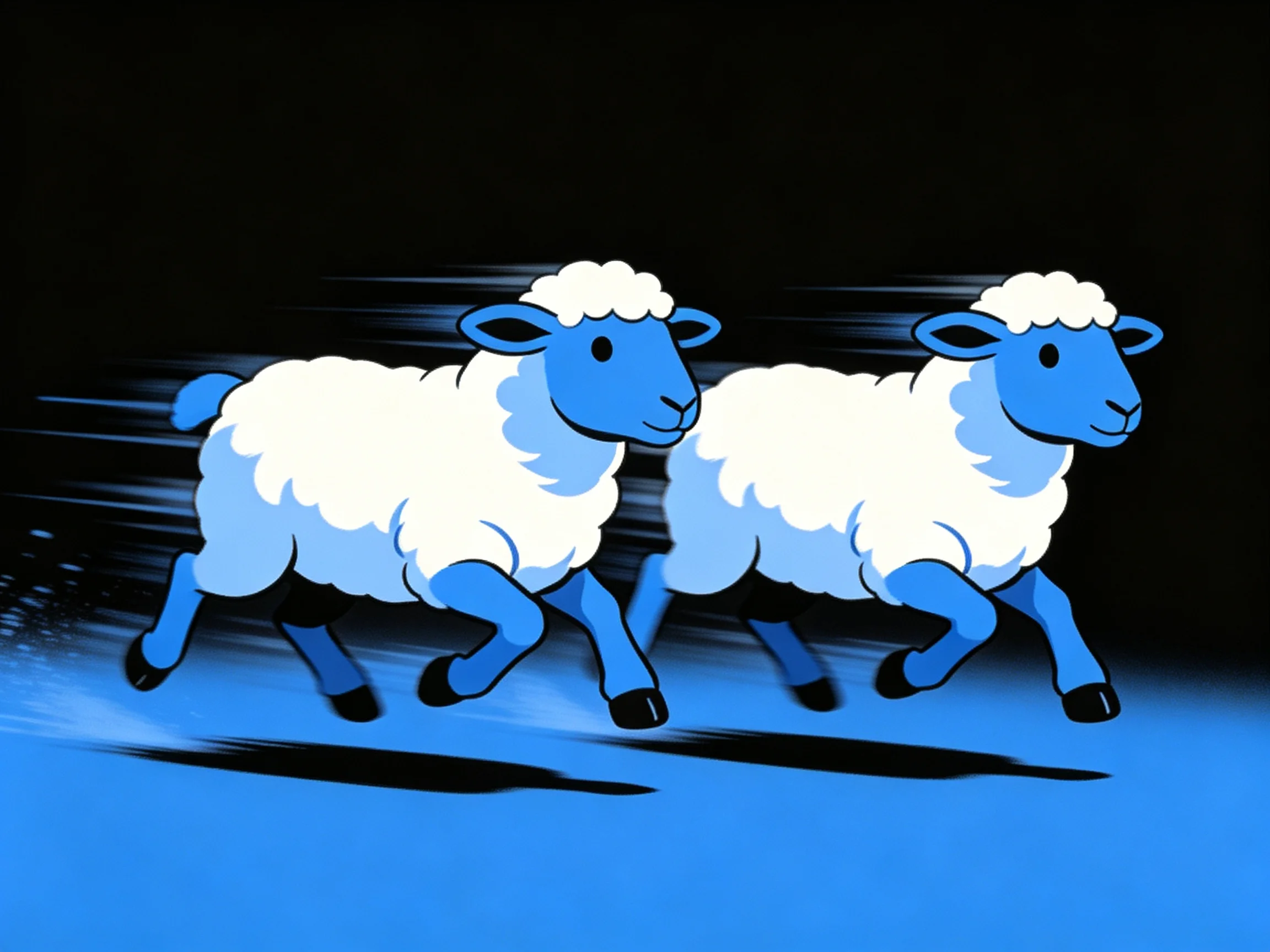 Two blue cartoon sheep with white wool sprinting