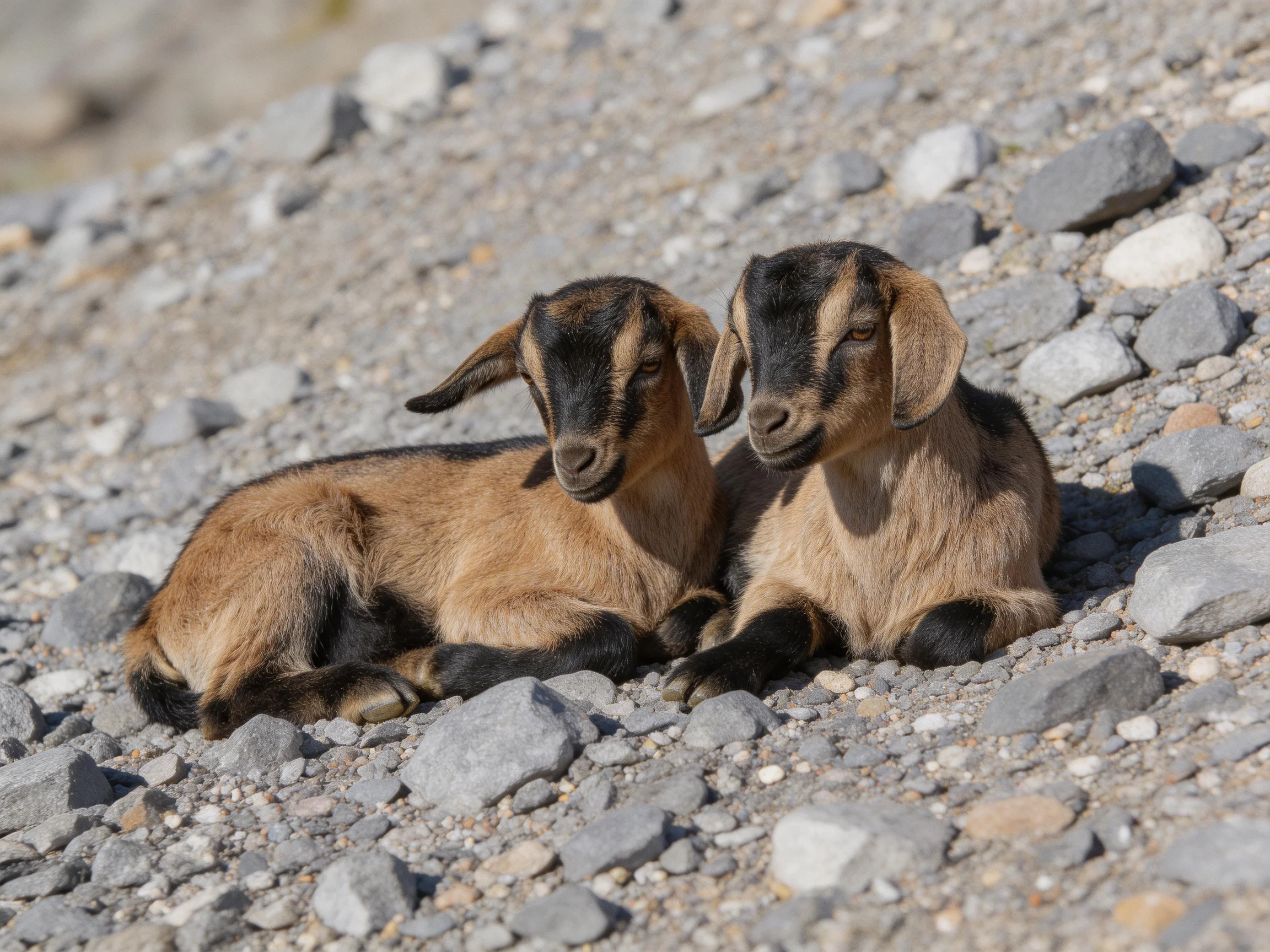 Two brown and black baby goats rest on a rocky gravel slope.