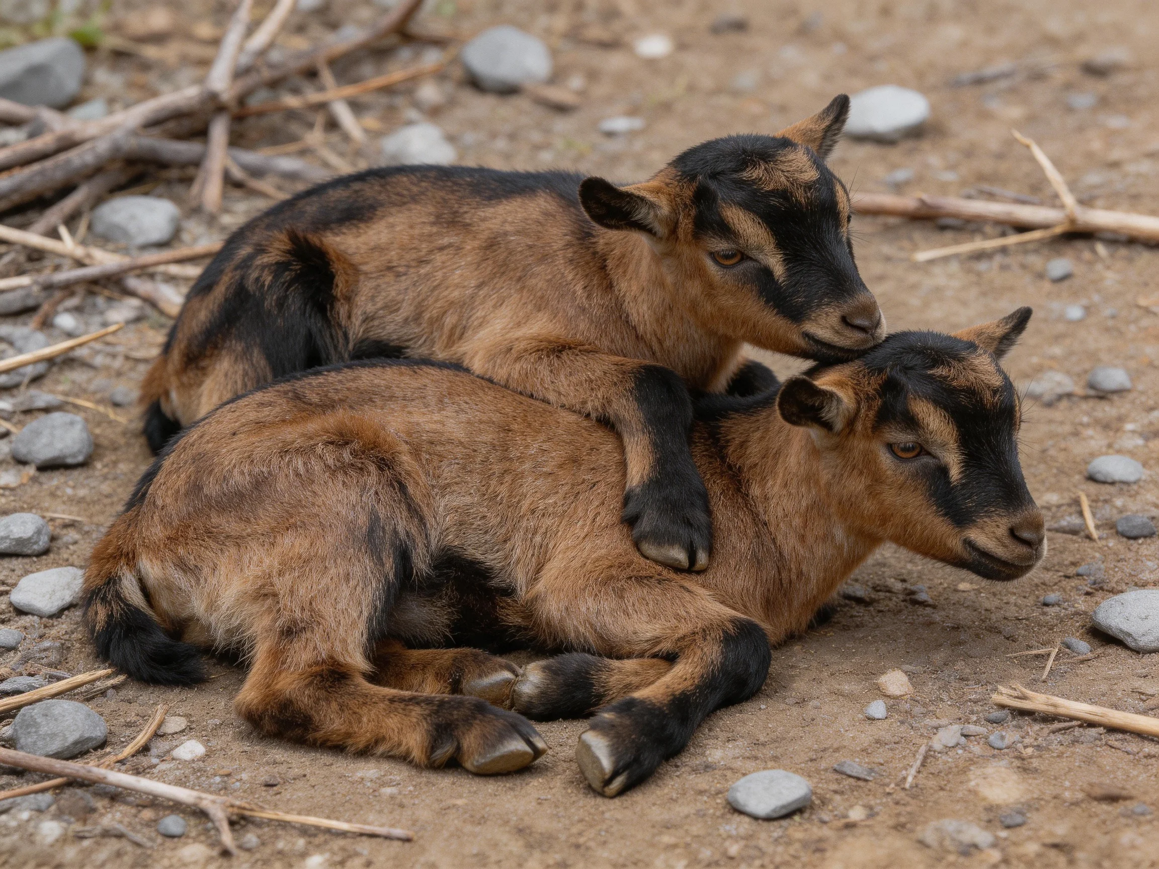 Two brown and black baby goats restingon rocky soil