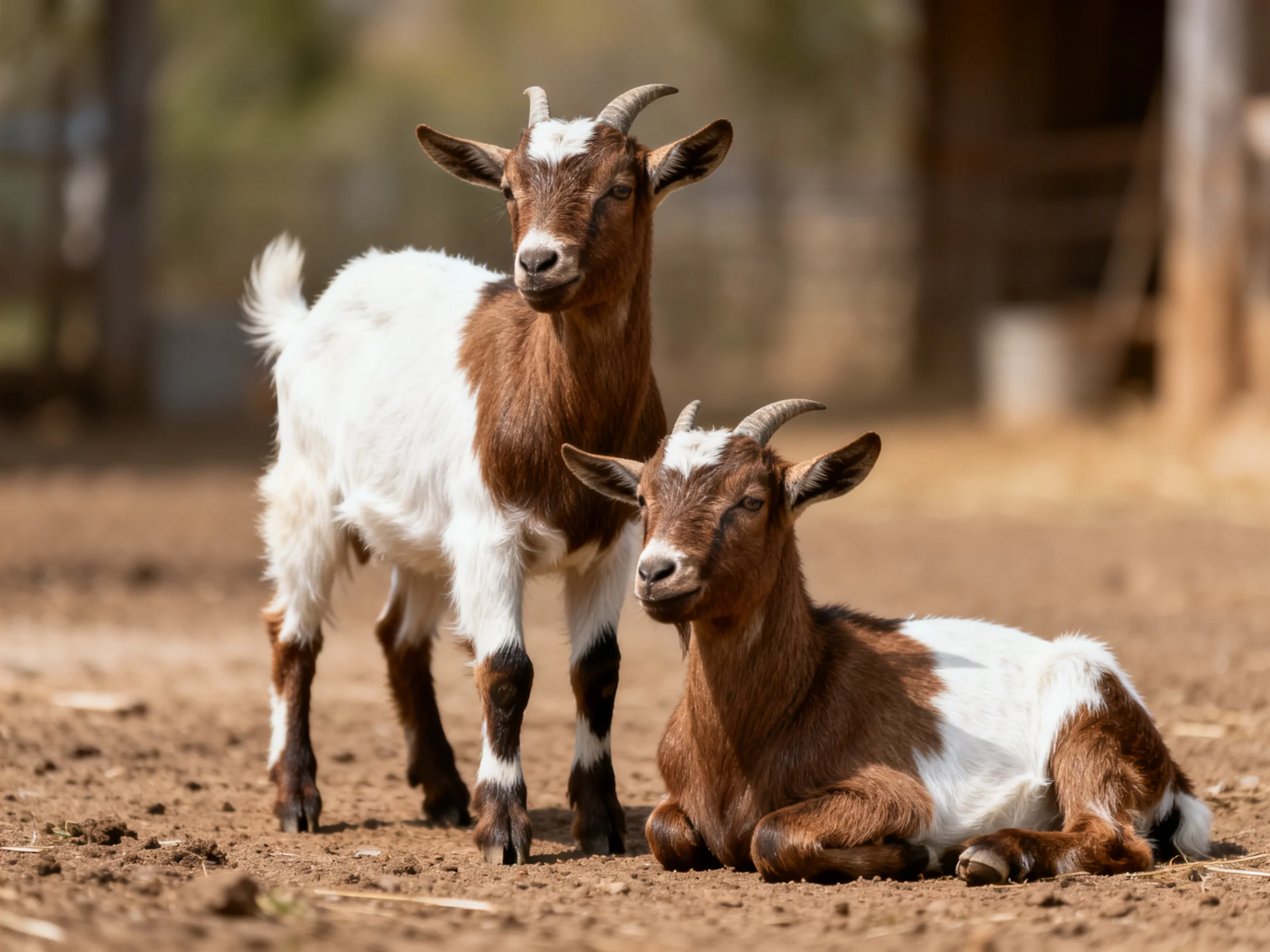 Two brown and white goats on a dusty farm path