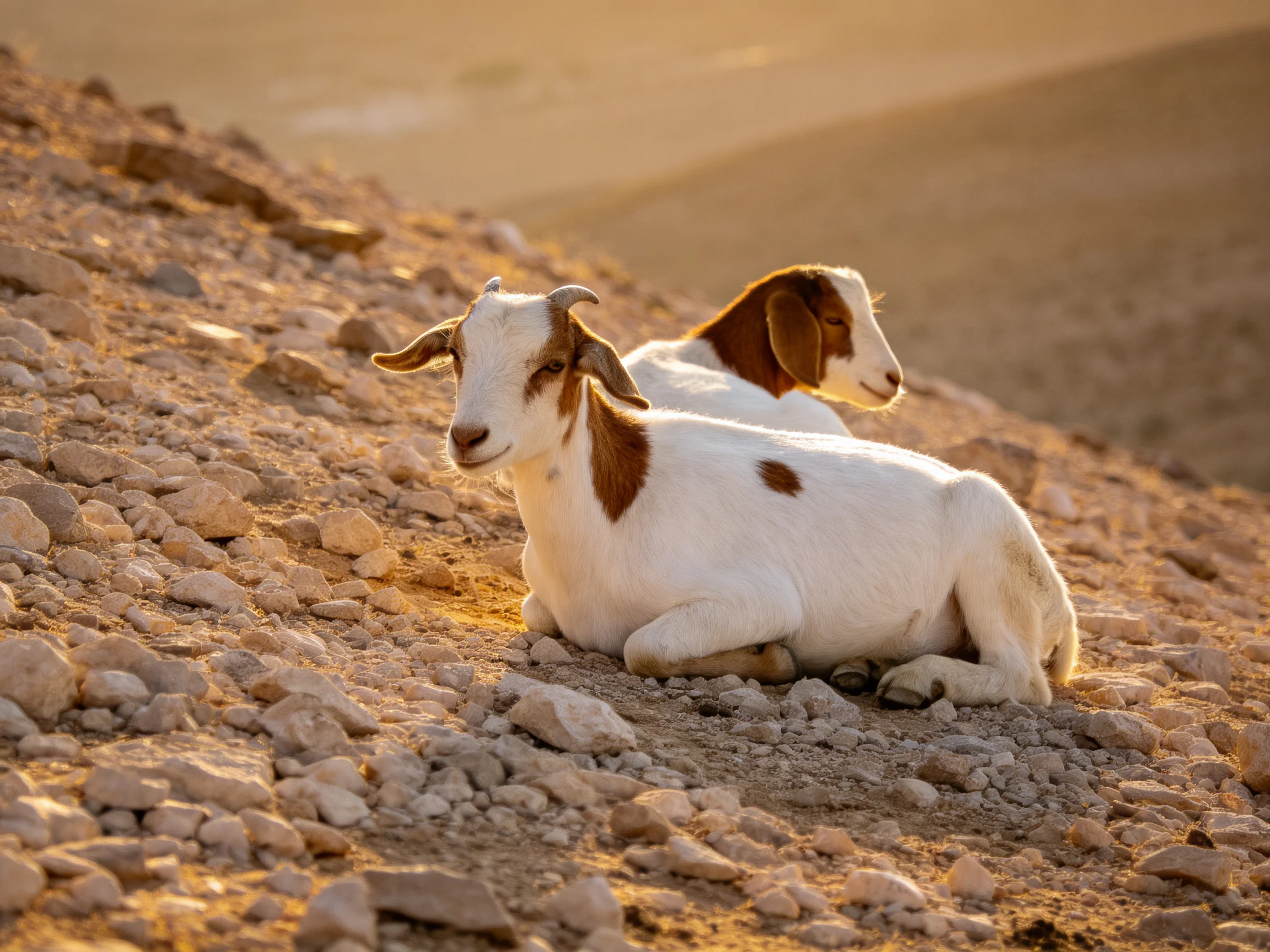 Two brown-and-white goats rest on a rocky desert hillside at golden hour.