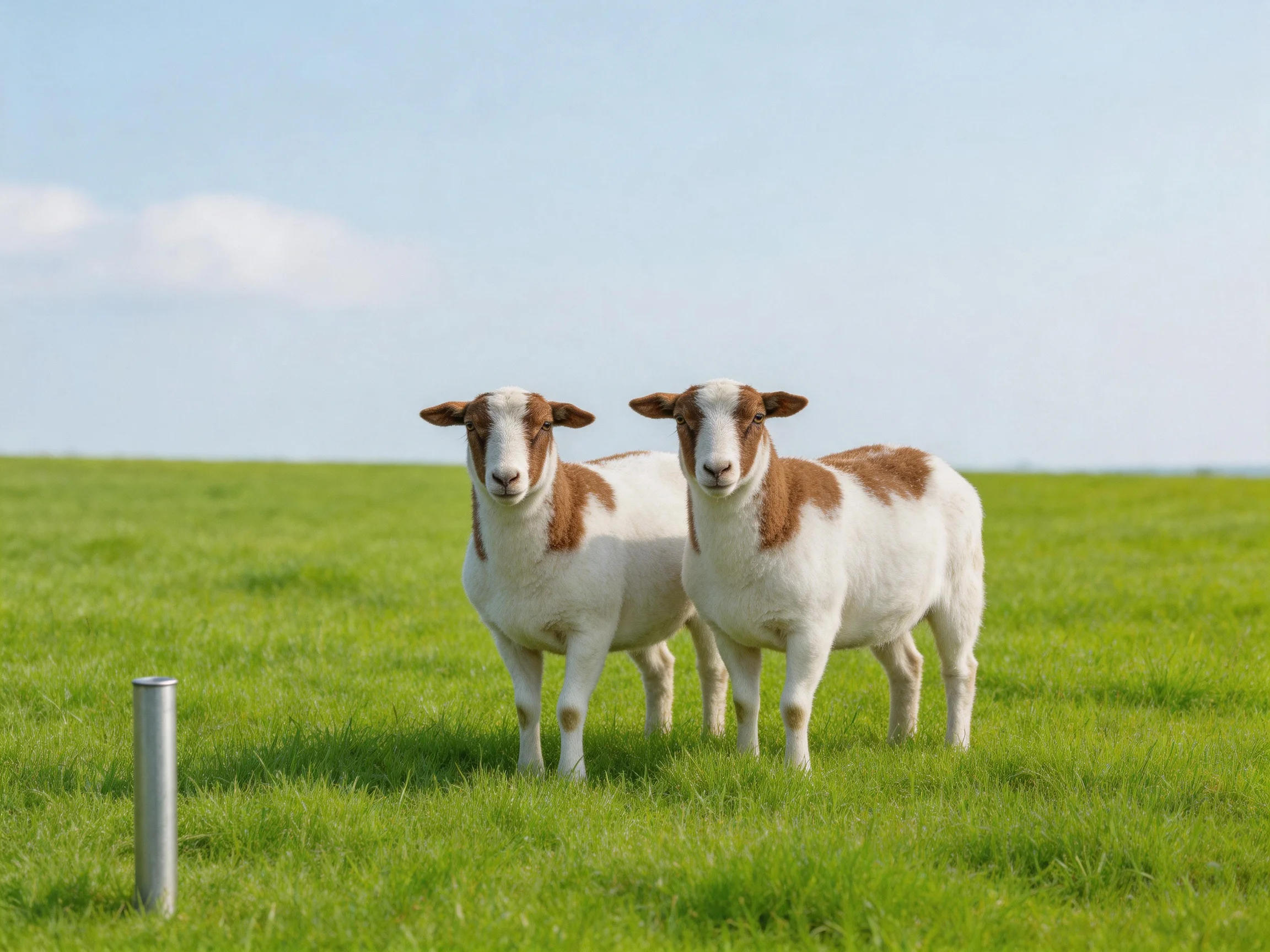 Two brown-and-white goats stand in a lush green pasture
