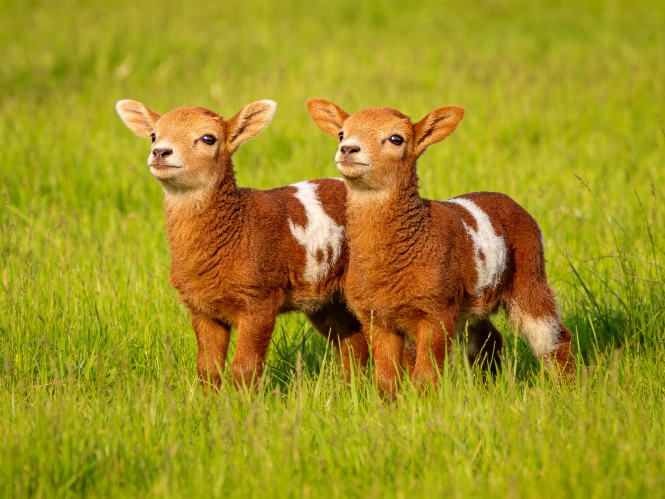 Two brown-and-white lambs in lush green grass
