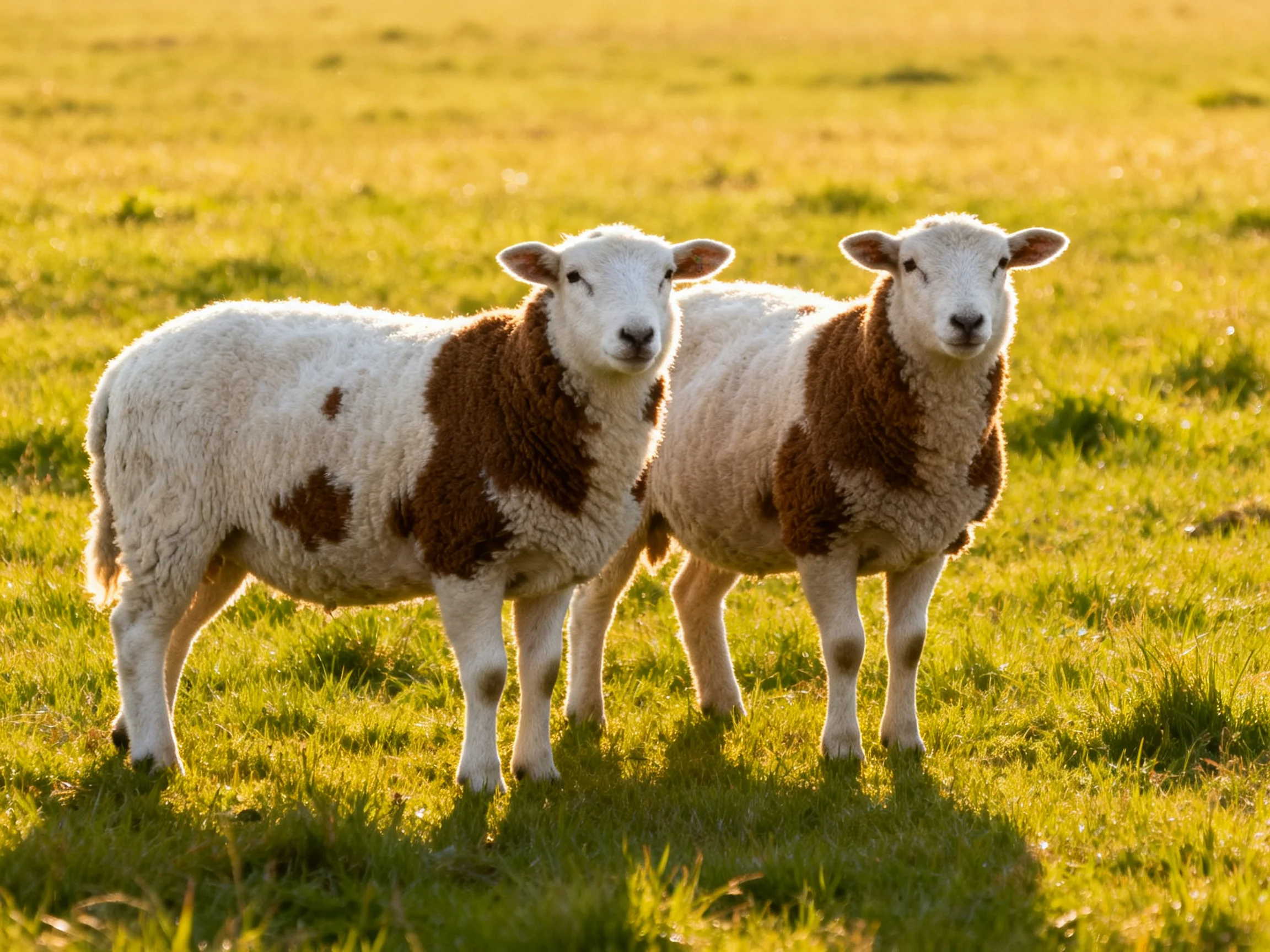 Two brown-and-white lambs standing in a sunlit green pasture
