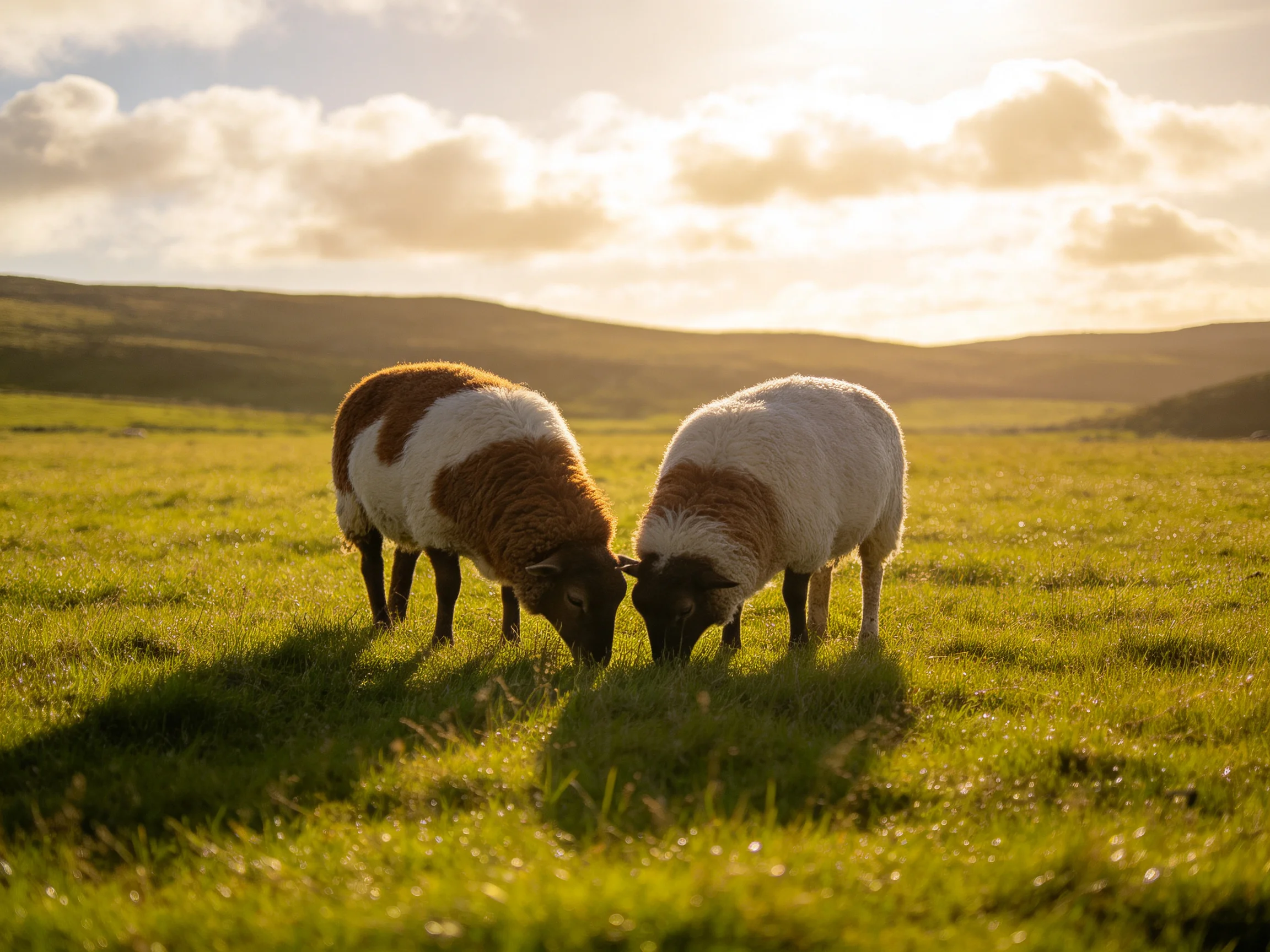 Two brown-and-white sheep graze in a sunlit green meadow