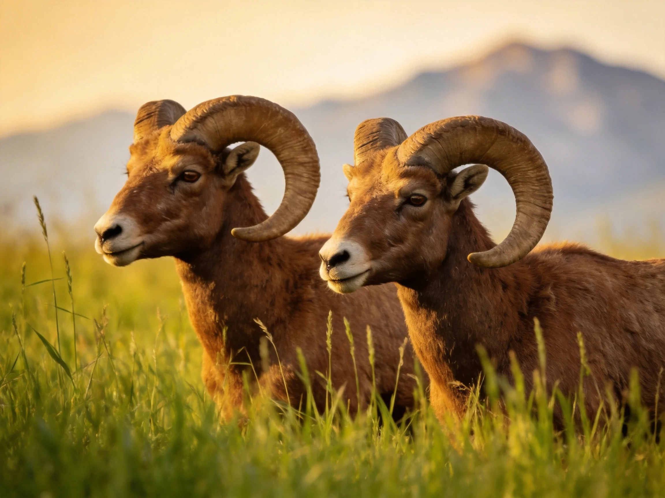 Two brown bighorn rams in tall green grass with distant mountains