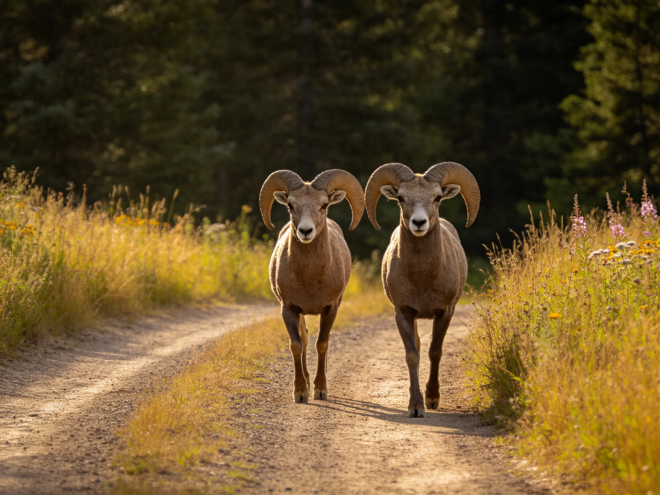 Two brown bighorn rams walk on a sunlit dirt path