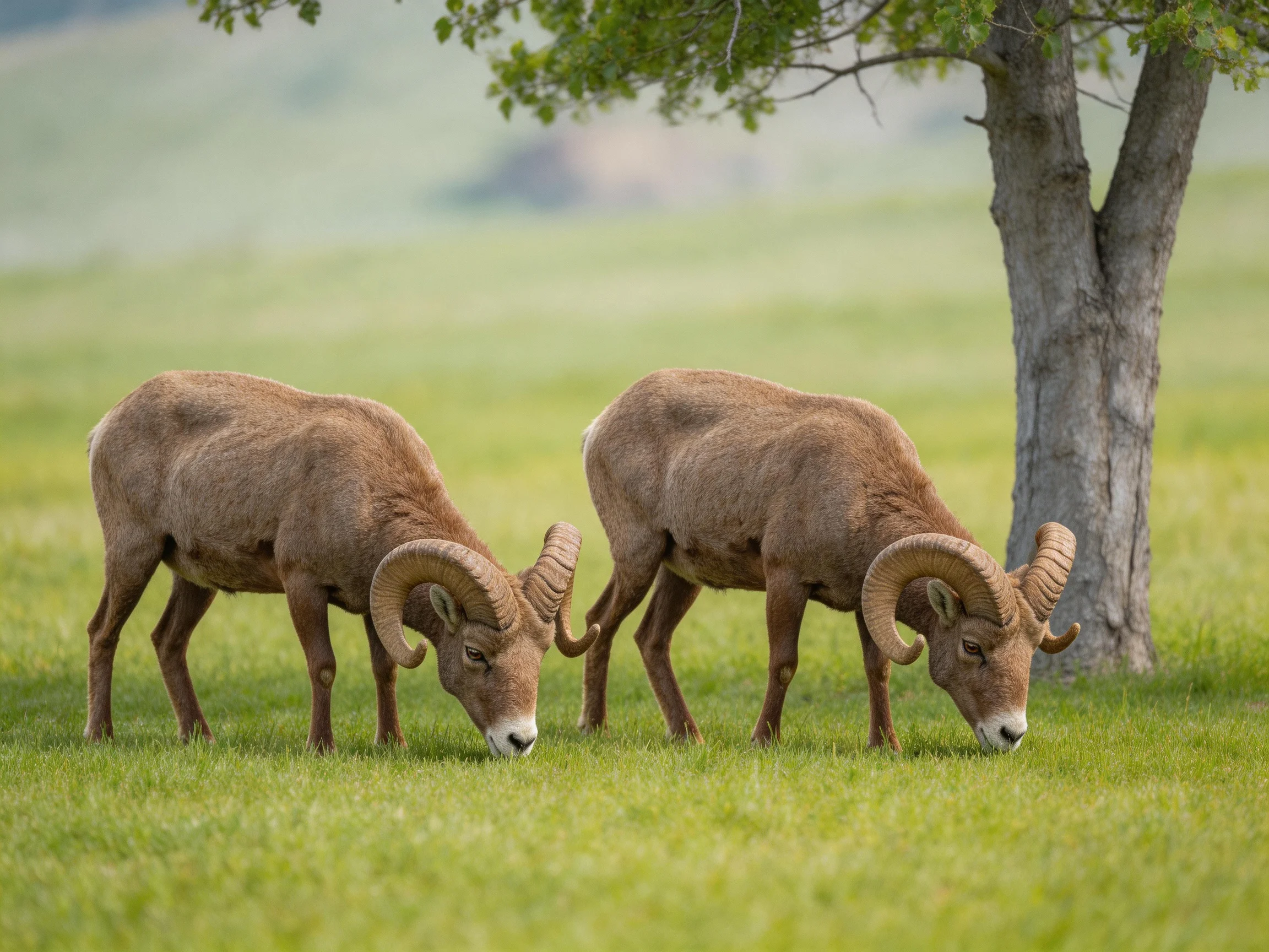 Two brown bighorn sheep graze near a large tree in a lush green meadow