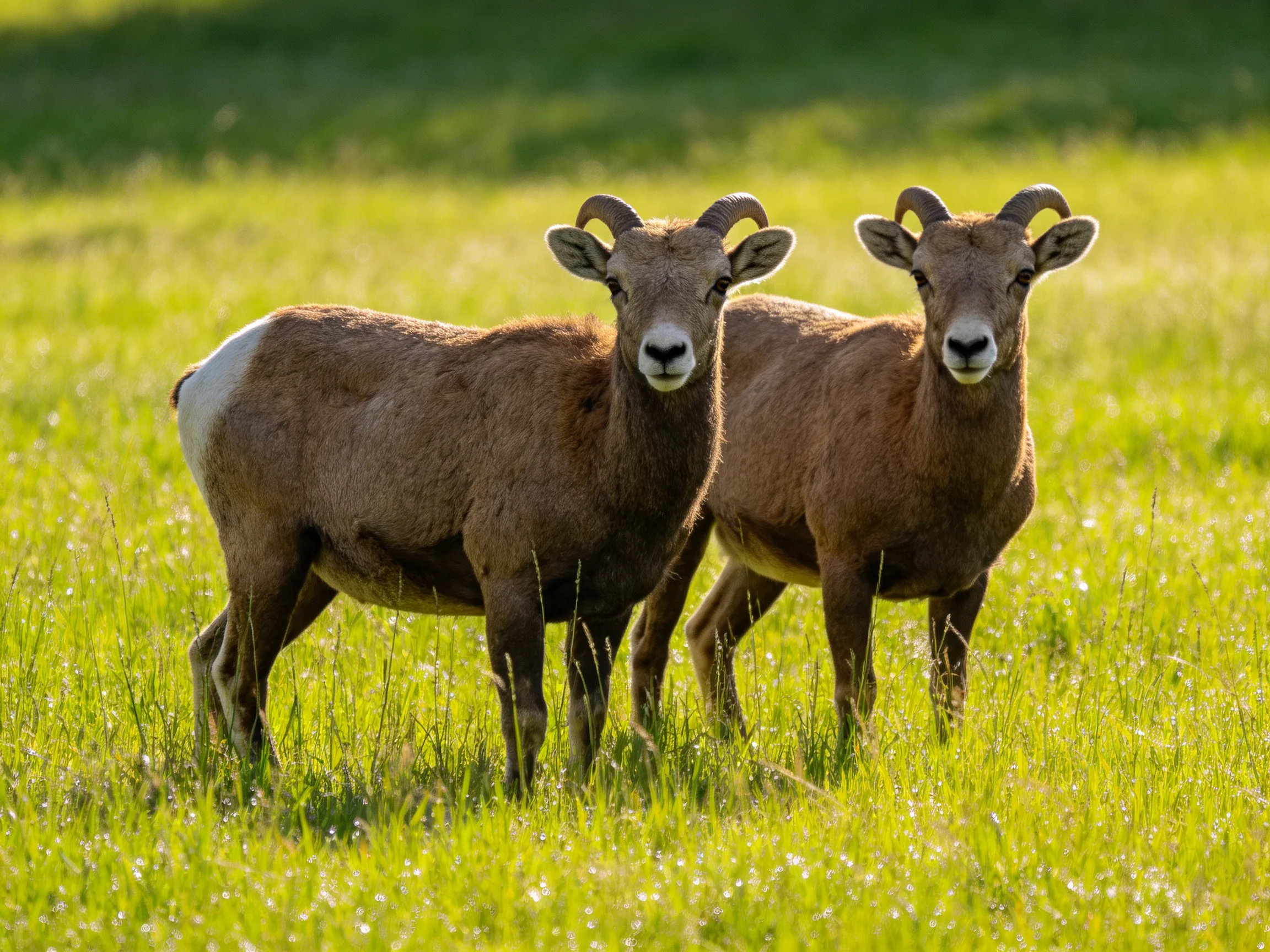 Two brown bighorn sheep stand in a sunlit green meadow