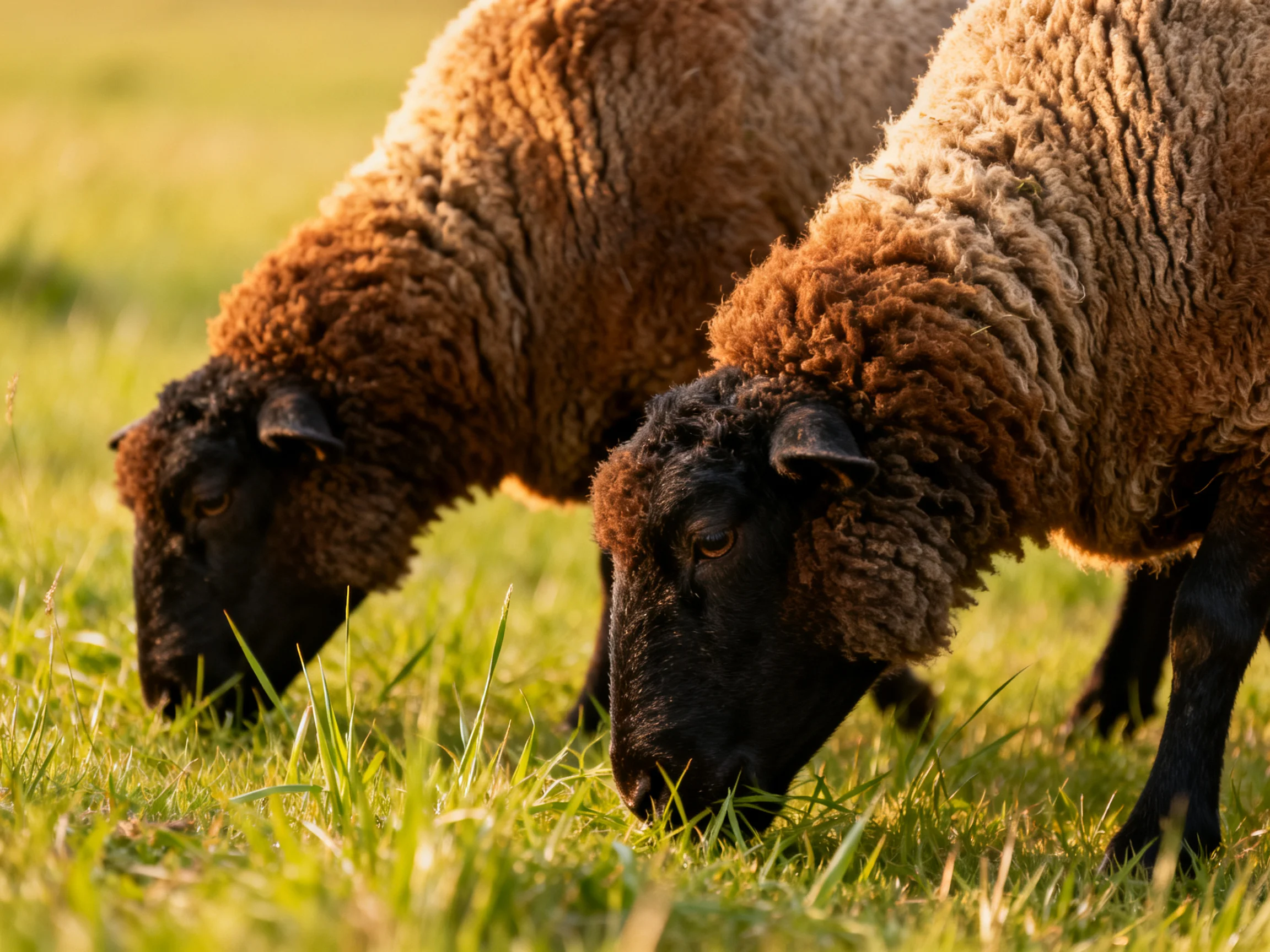 Two brown-black sheep graze in a sunlit green meadow