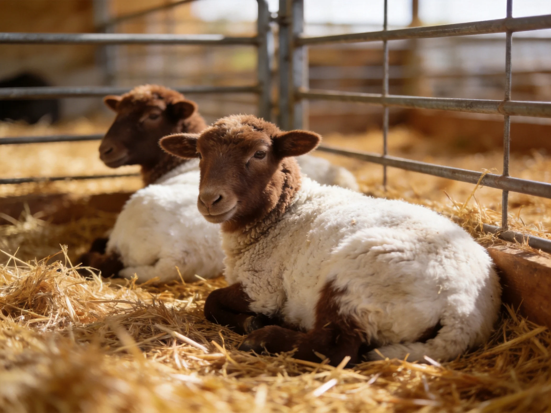 Two brown-faced lambs rest in a hay-filled metal pen