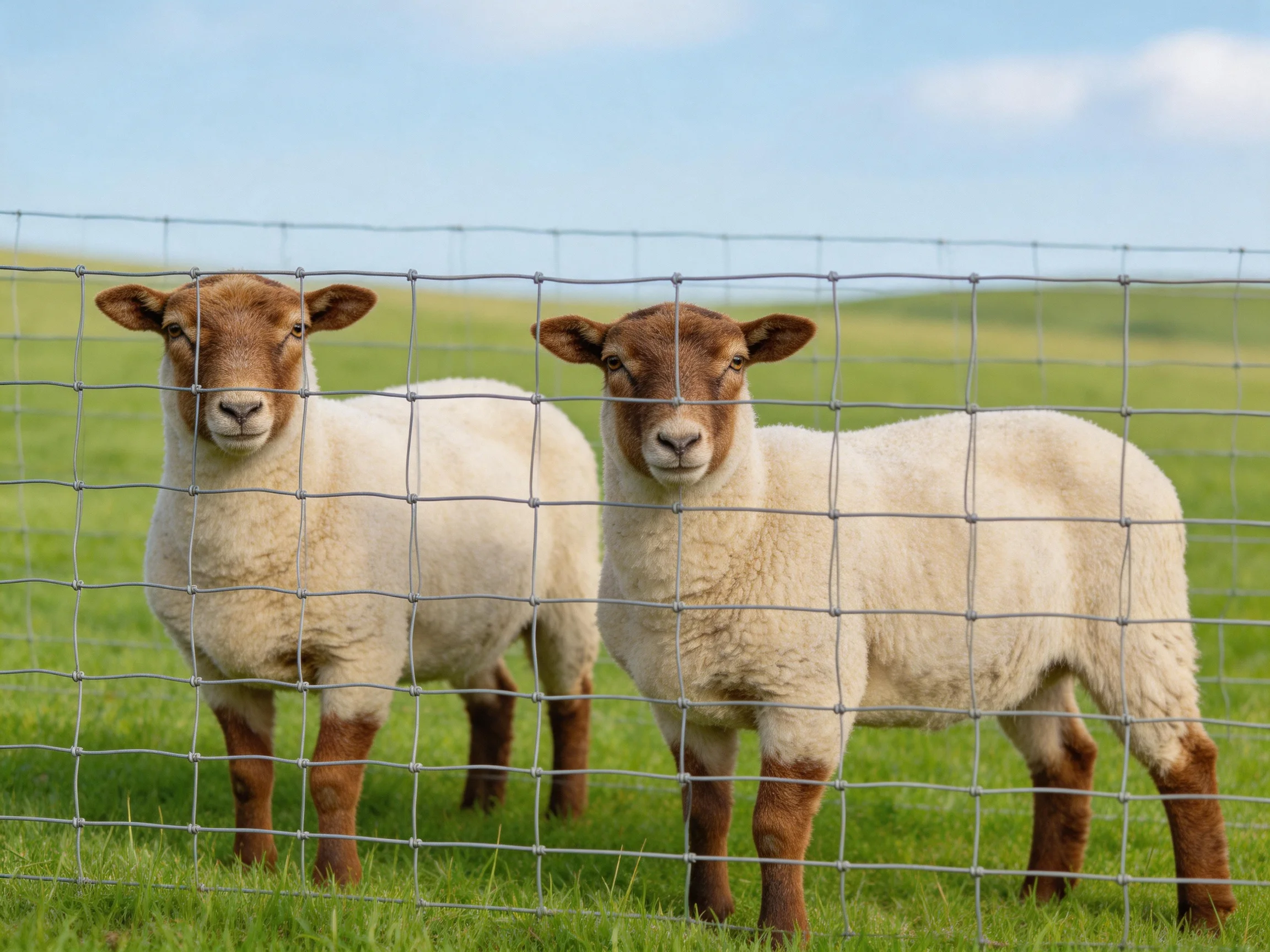 Two brown-faced lambs stand behind a wire fence in a lush green pasture