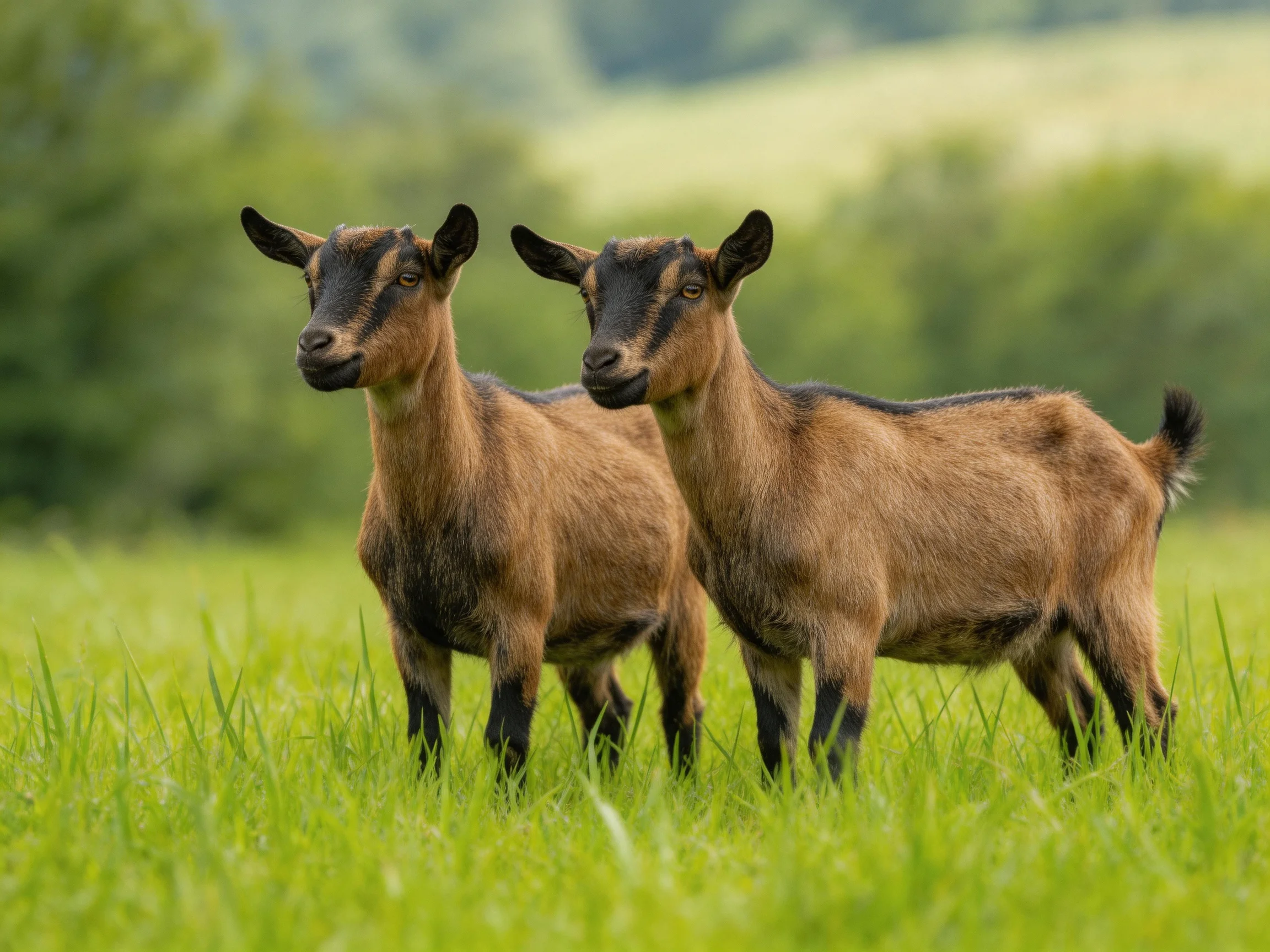 Two brown goats in a lush green pasture with trees