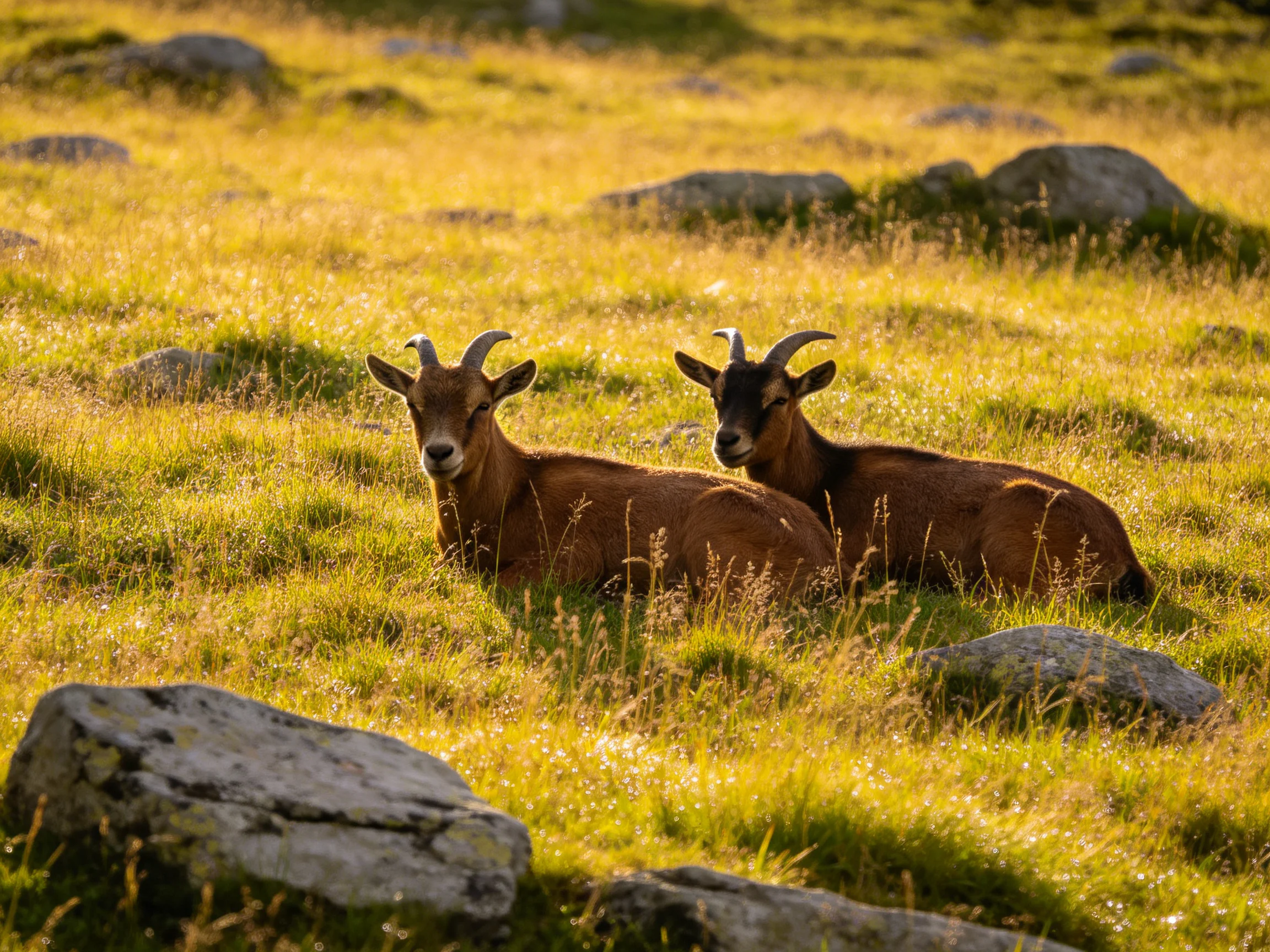 Two brown goats rest in a golden rocky meadow