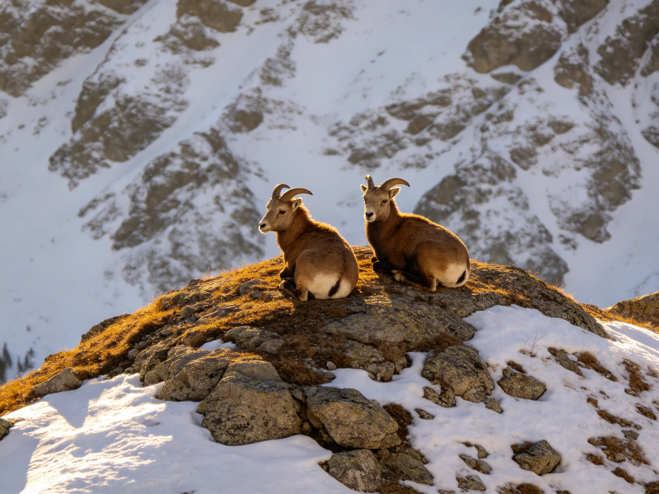 Two brown goats sit atop a snow-dusted rocky hill