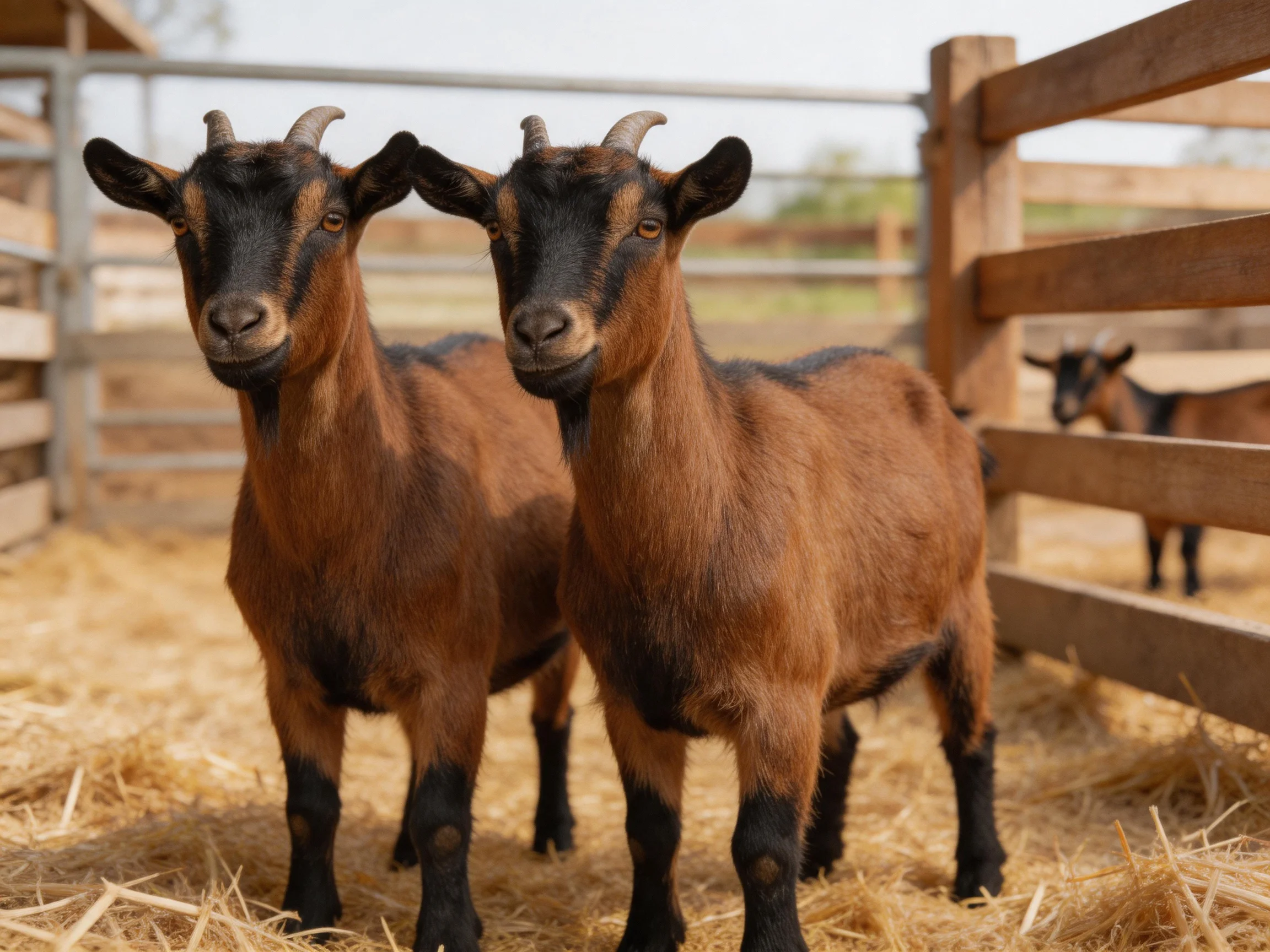 Two brown goats with black markings in a wooden pen with straw.