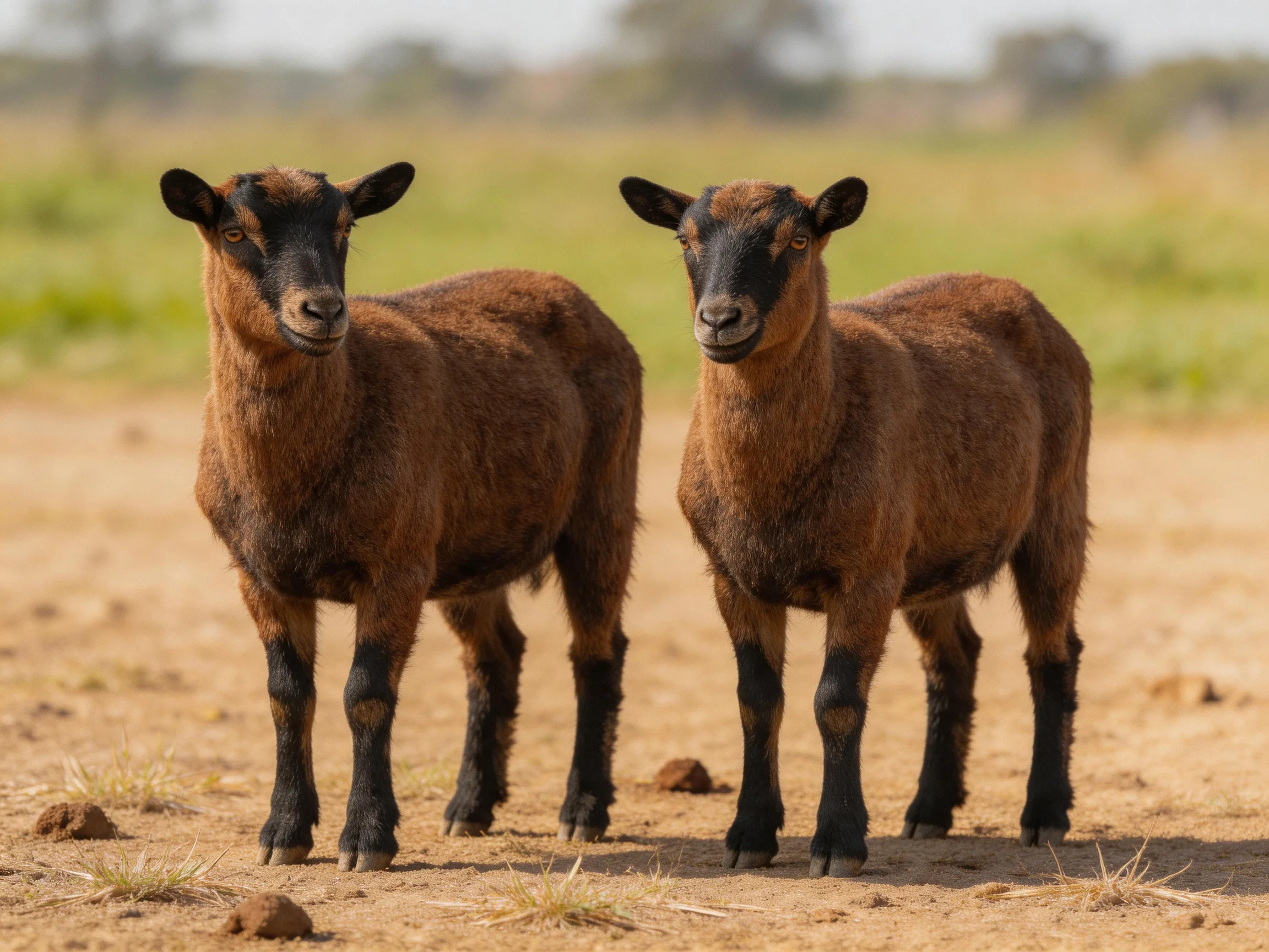 Two brown goats with black markings stand on sandy terrain