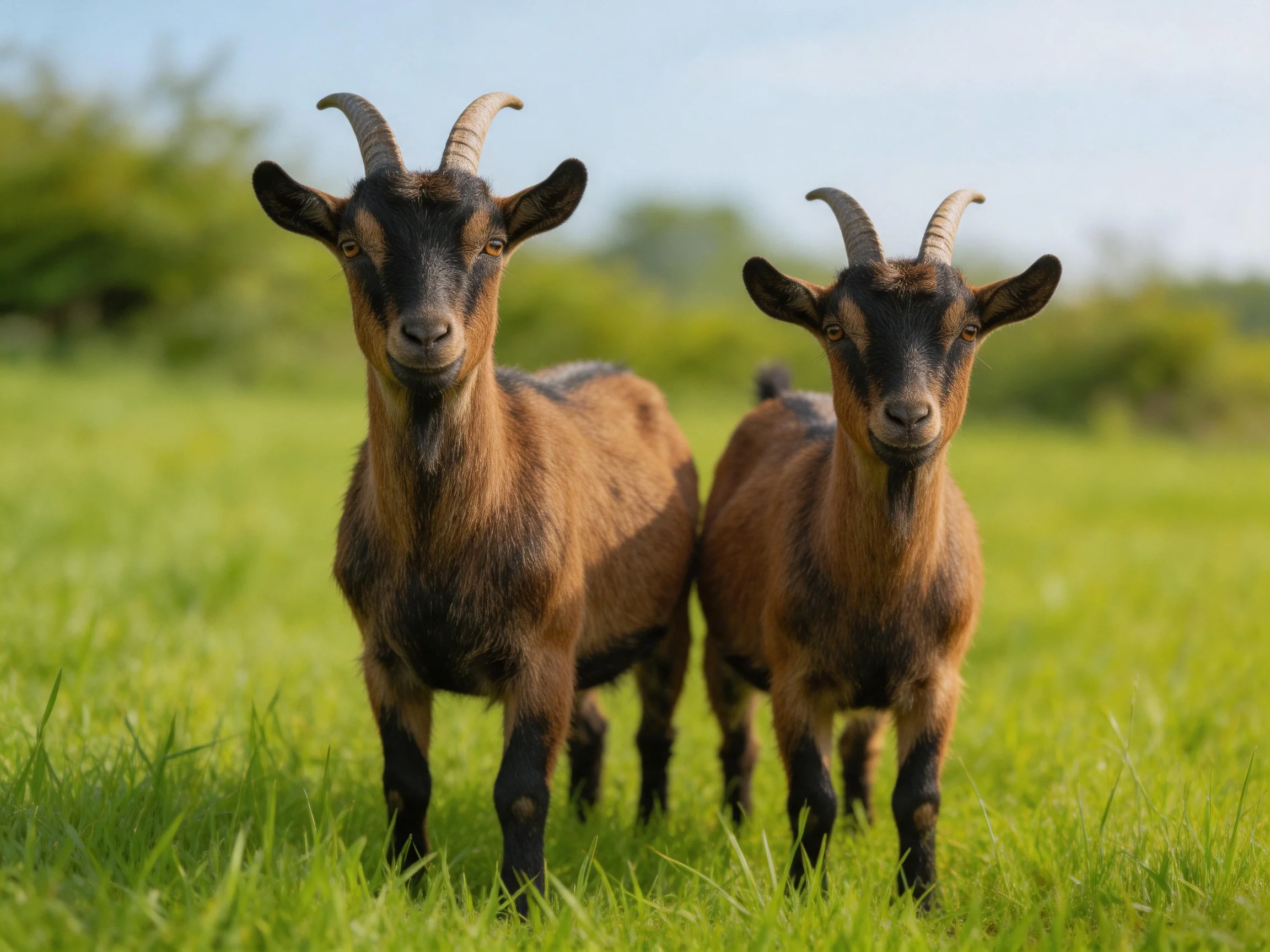 Two brown goats with curved horns in a green pasture