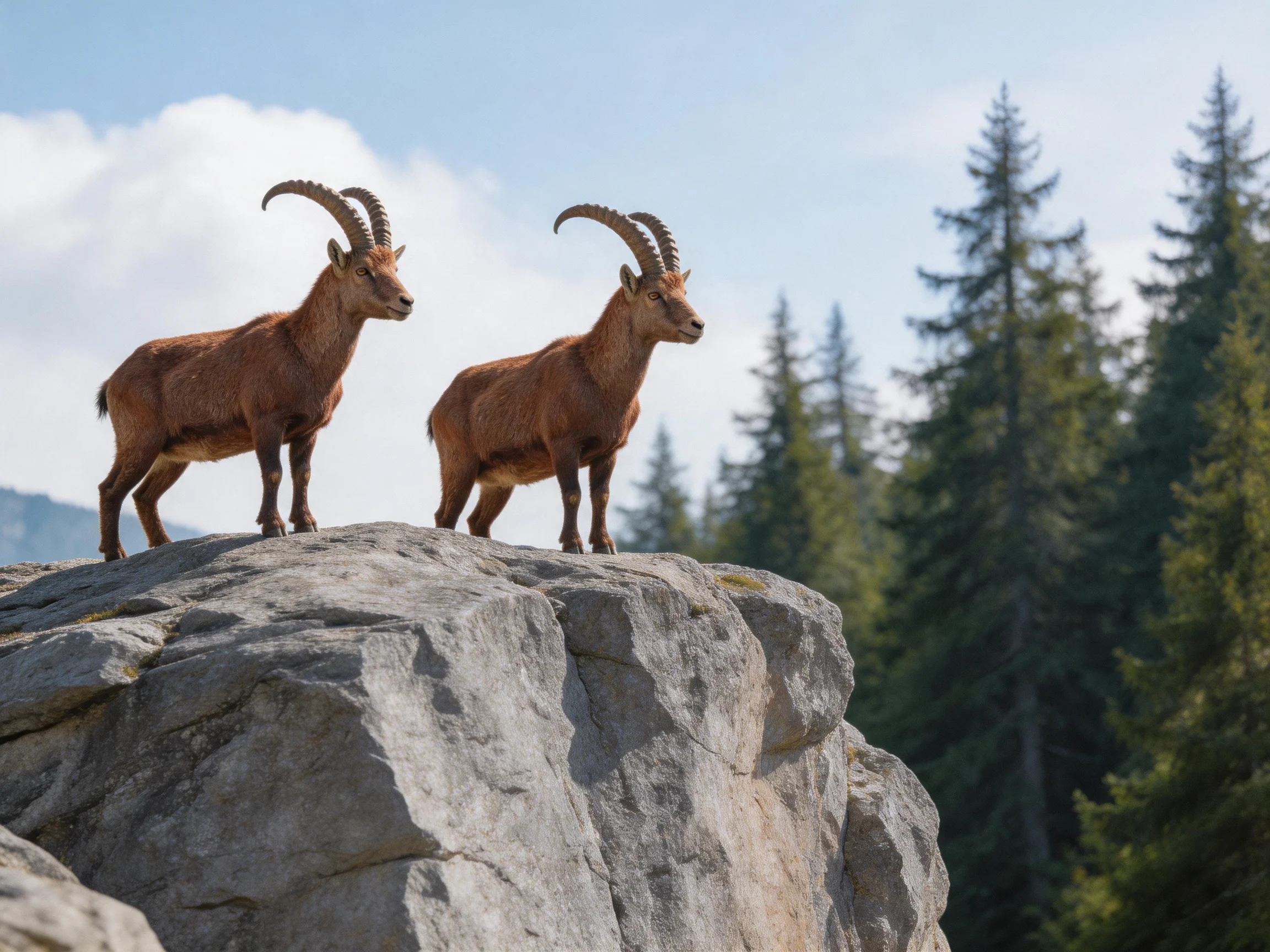 Two brown horned goats on a large gray rock near evergreen trees