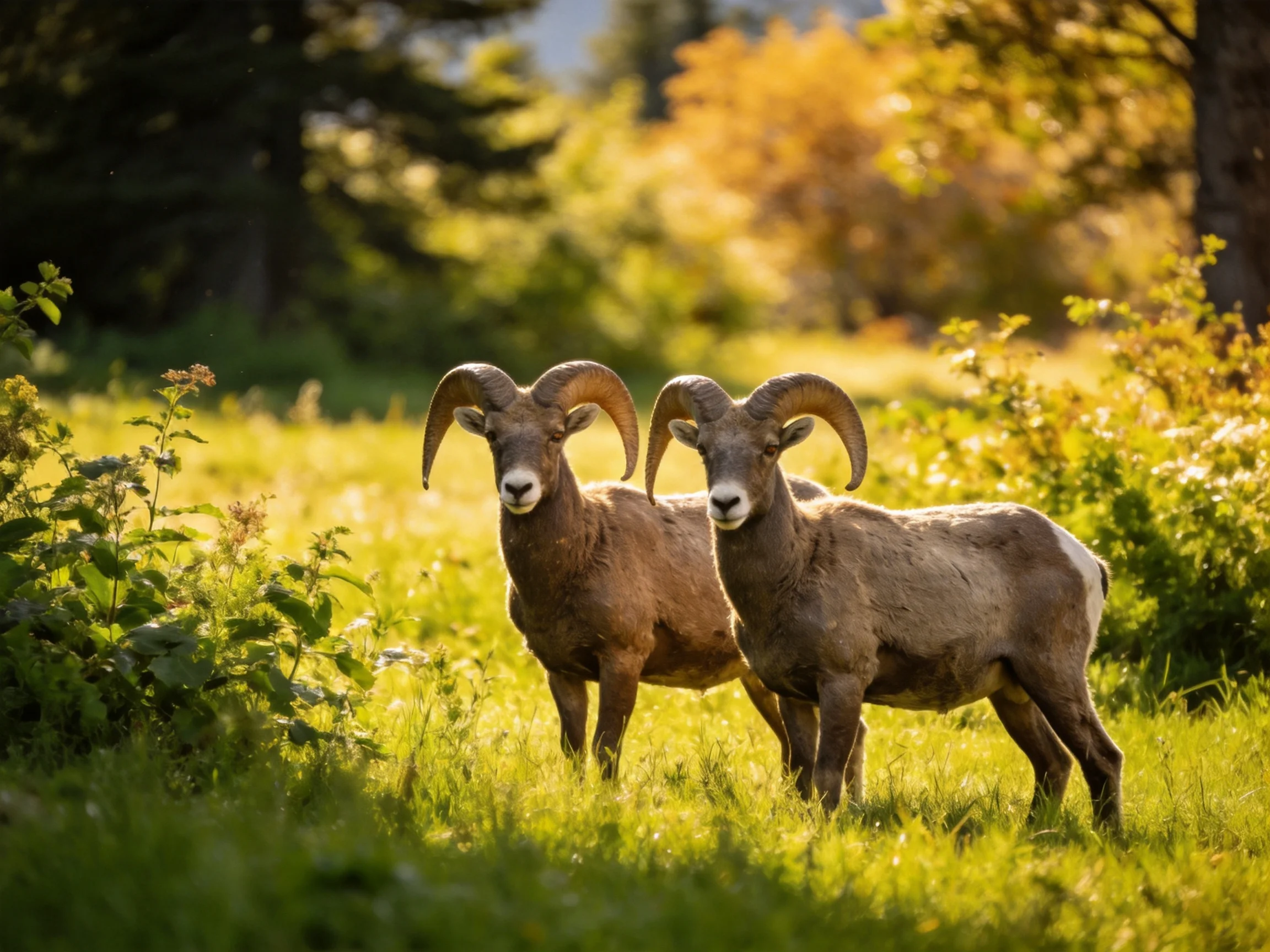 Two brown-horned rams in sunlit green meadow