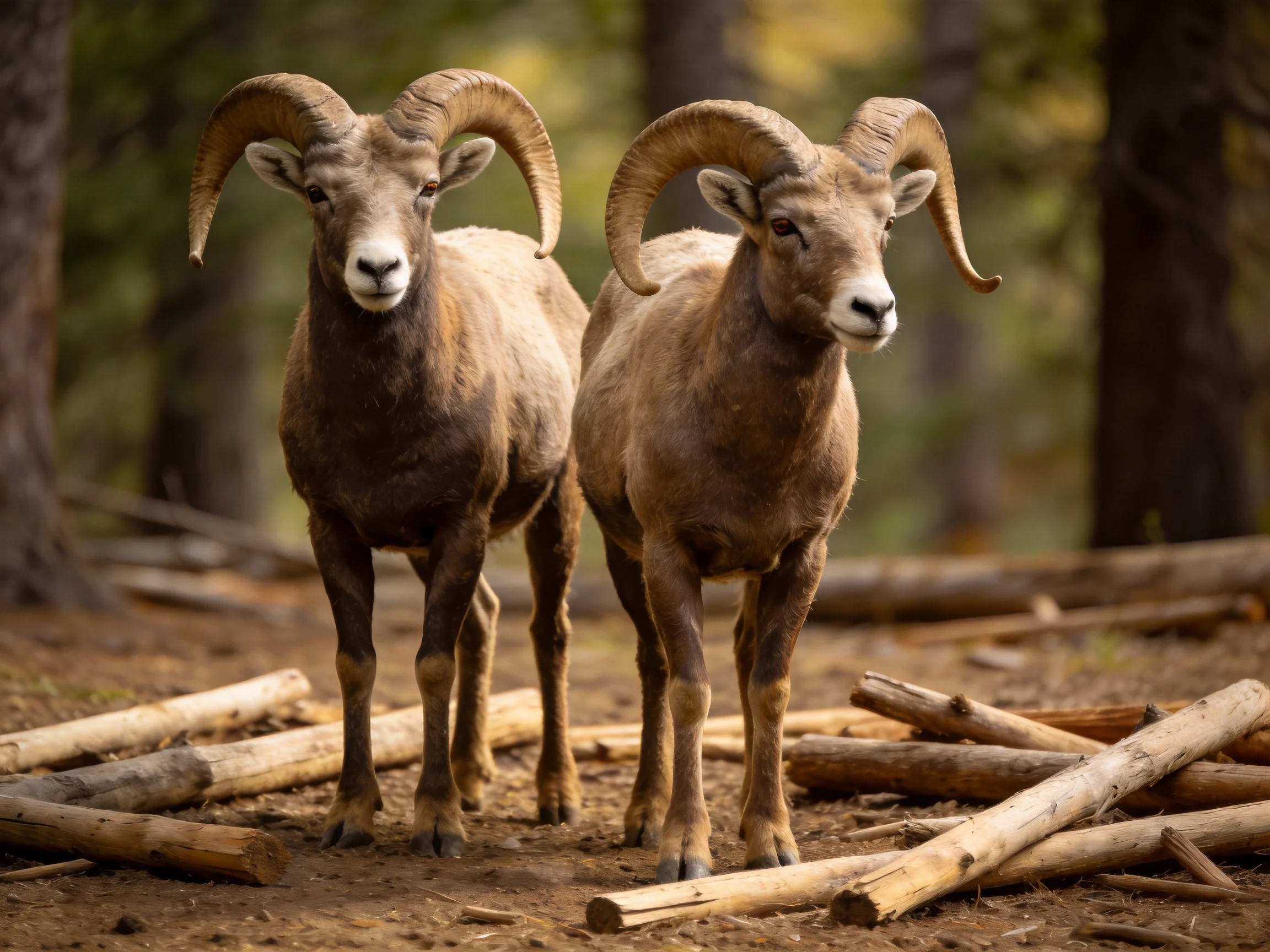 Two brown-horned rams stand near scattered logs in a forested area