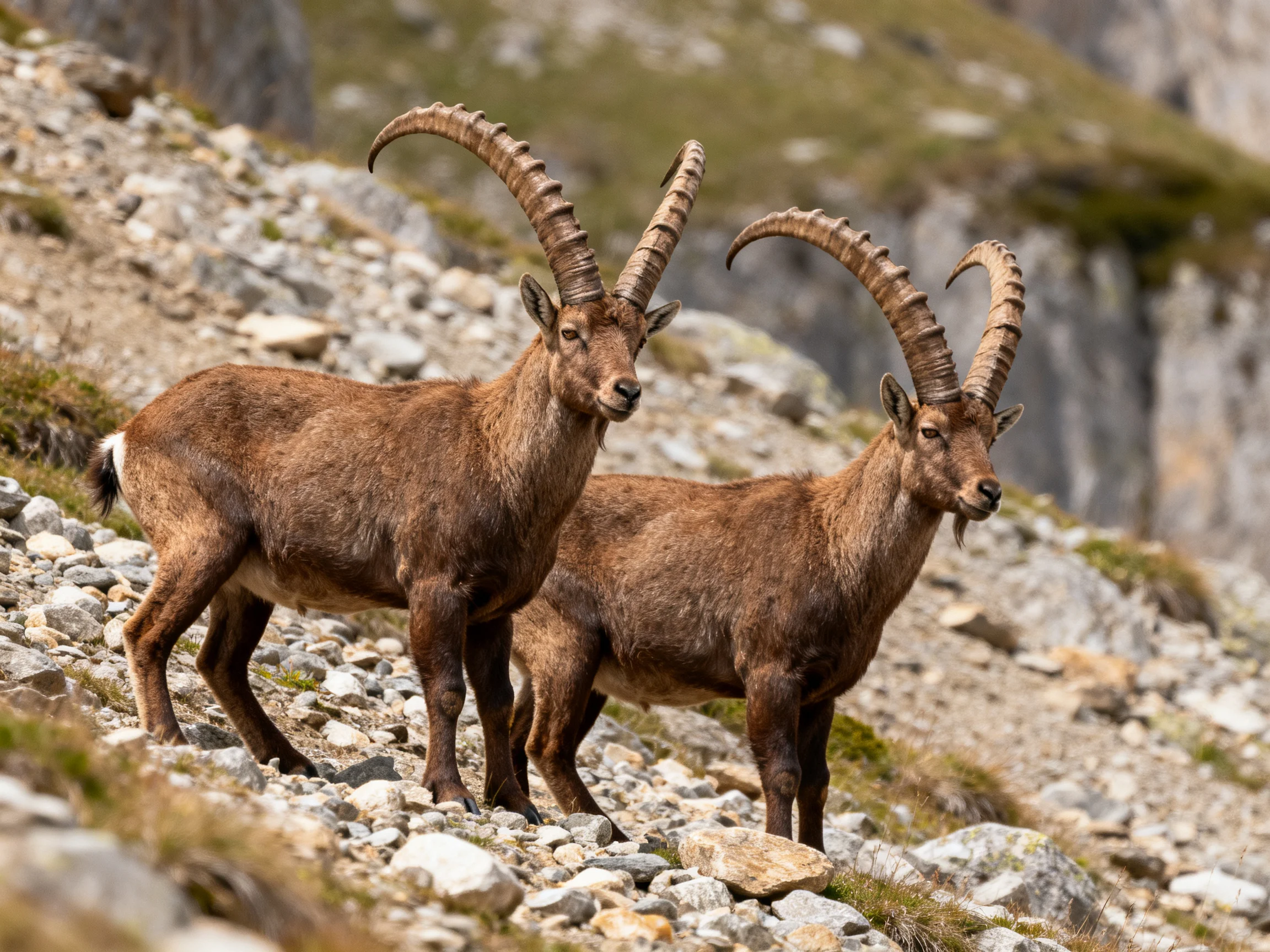 Two brown ibexes with large curved horns stand on a rocky mountain slope