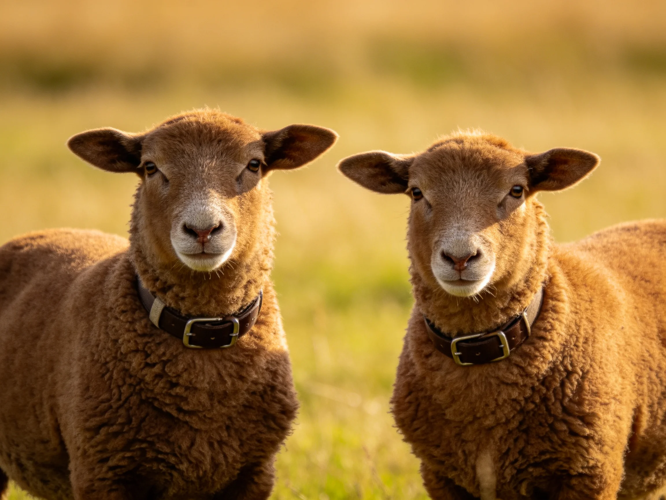 Two brown lambs with collars in a sunlit meadow