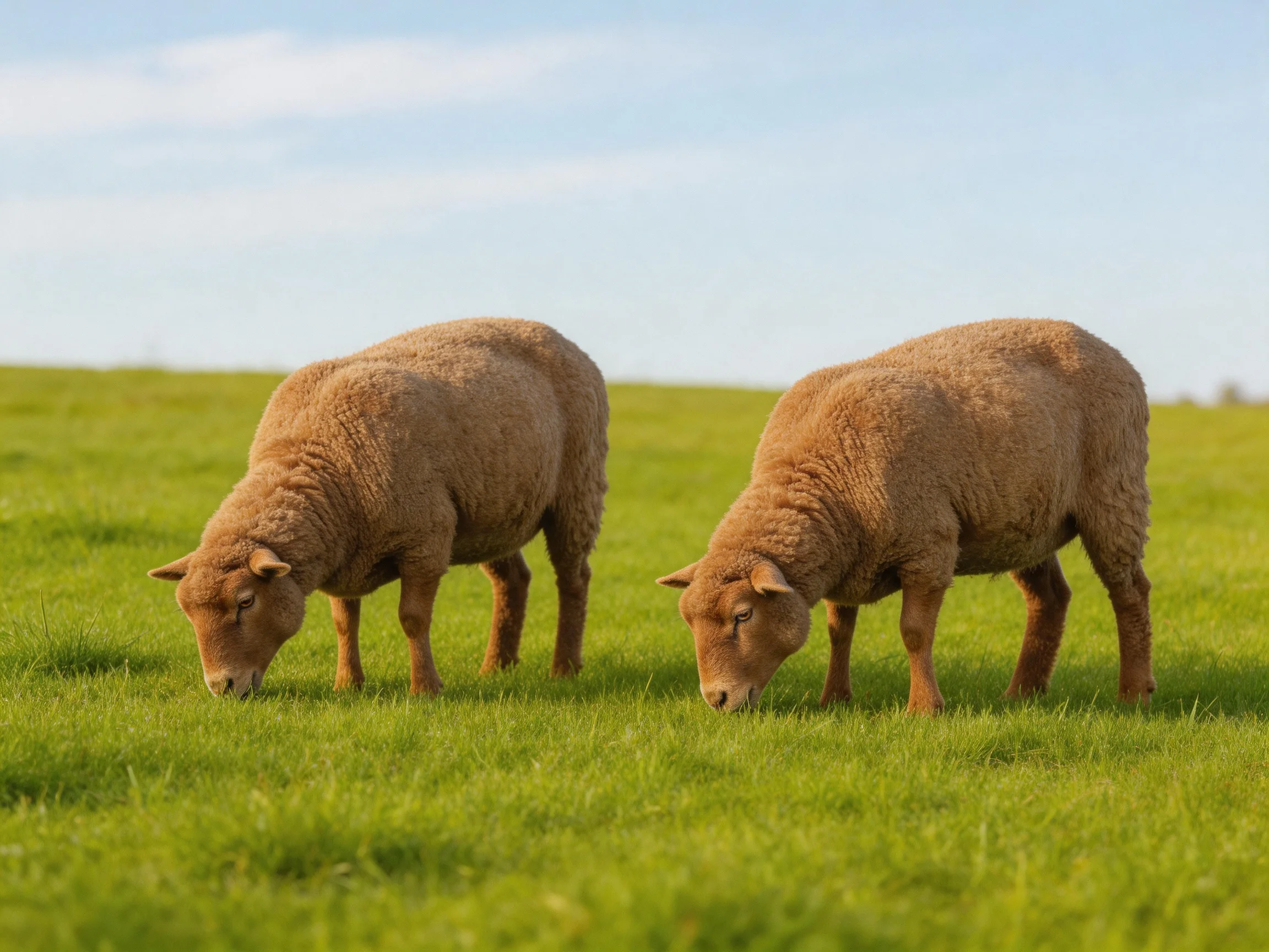 Two brown sheep graze in a sunny green meadow