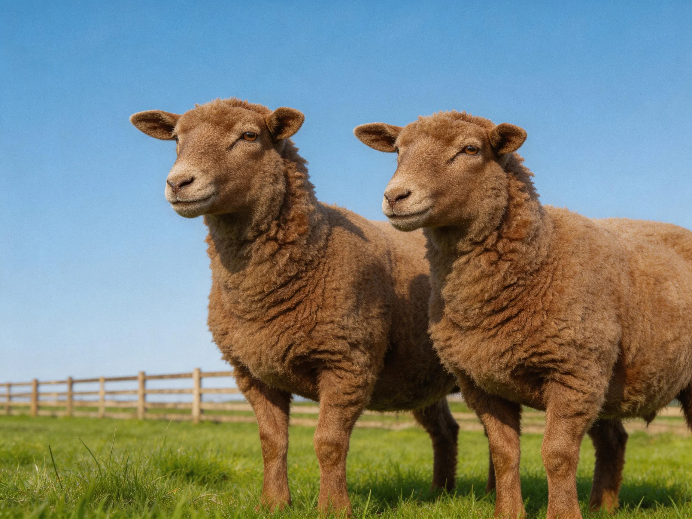 Two brown sheep in a green pasture with a wooden fence under blue sky
